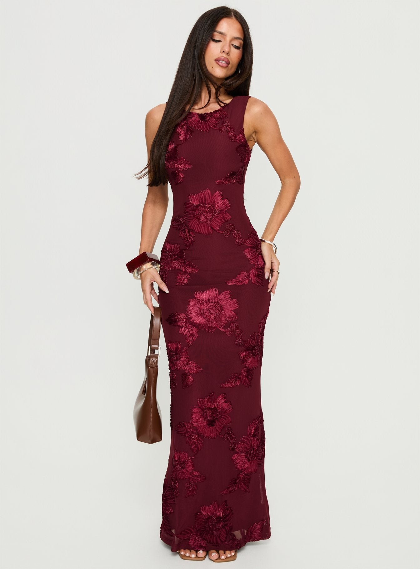 Bordo Fionna Çiçekli Maxi Elbise
