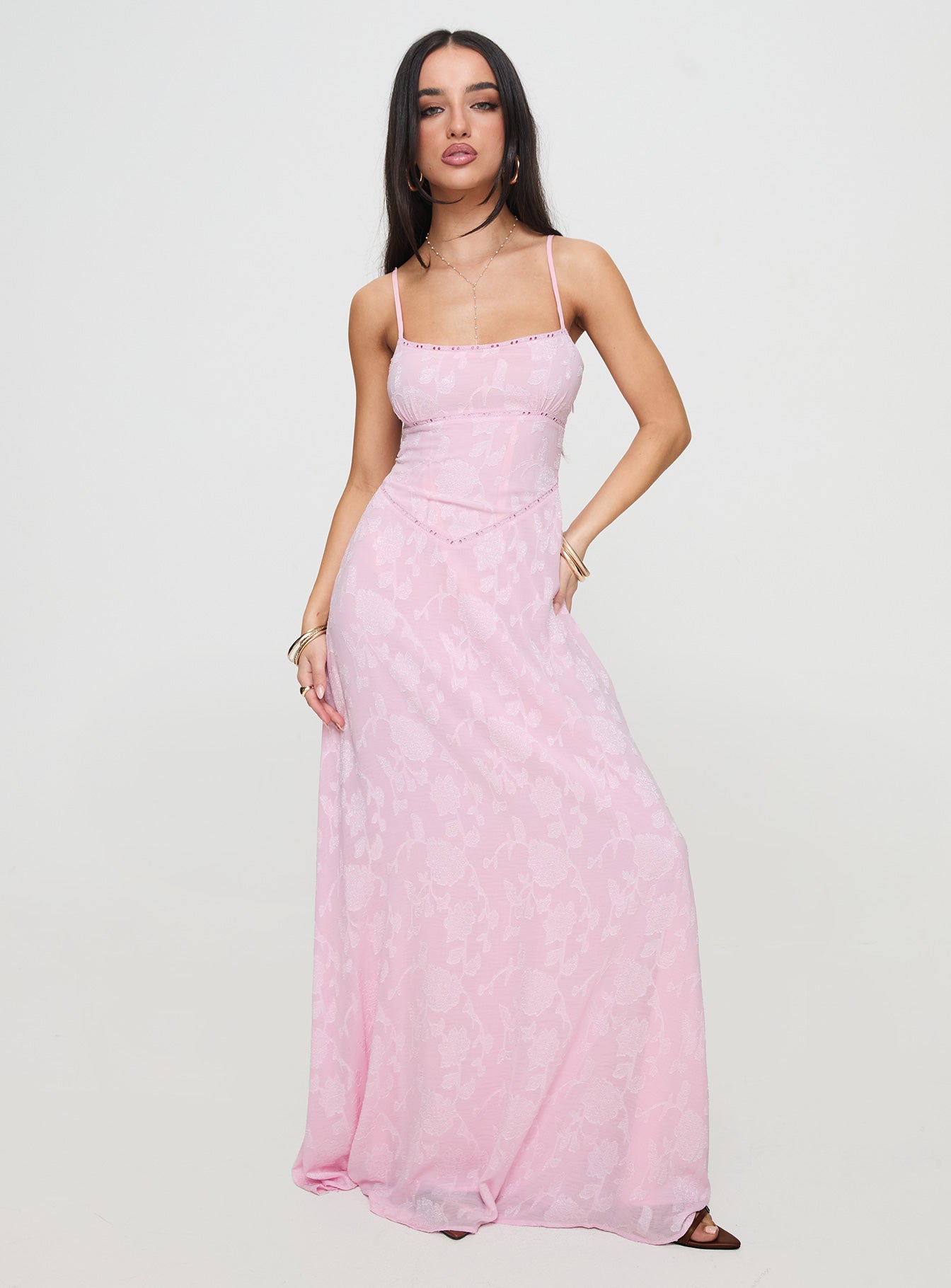 Pembe Çiçekli Dantel Maxi Elbise