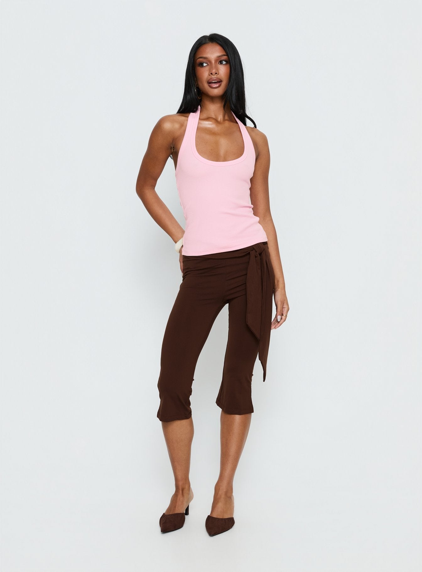 Ribbed Halter Tank Top - Pembe
