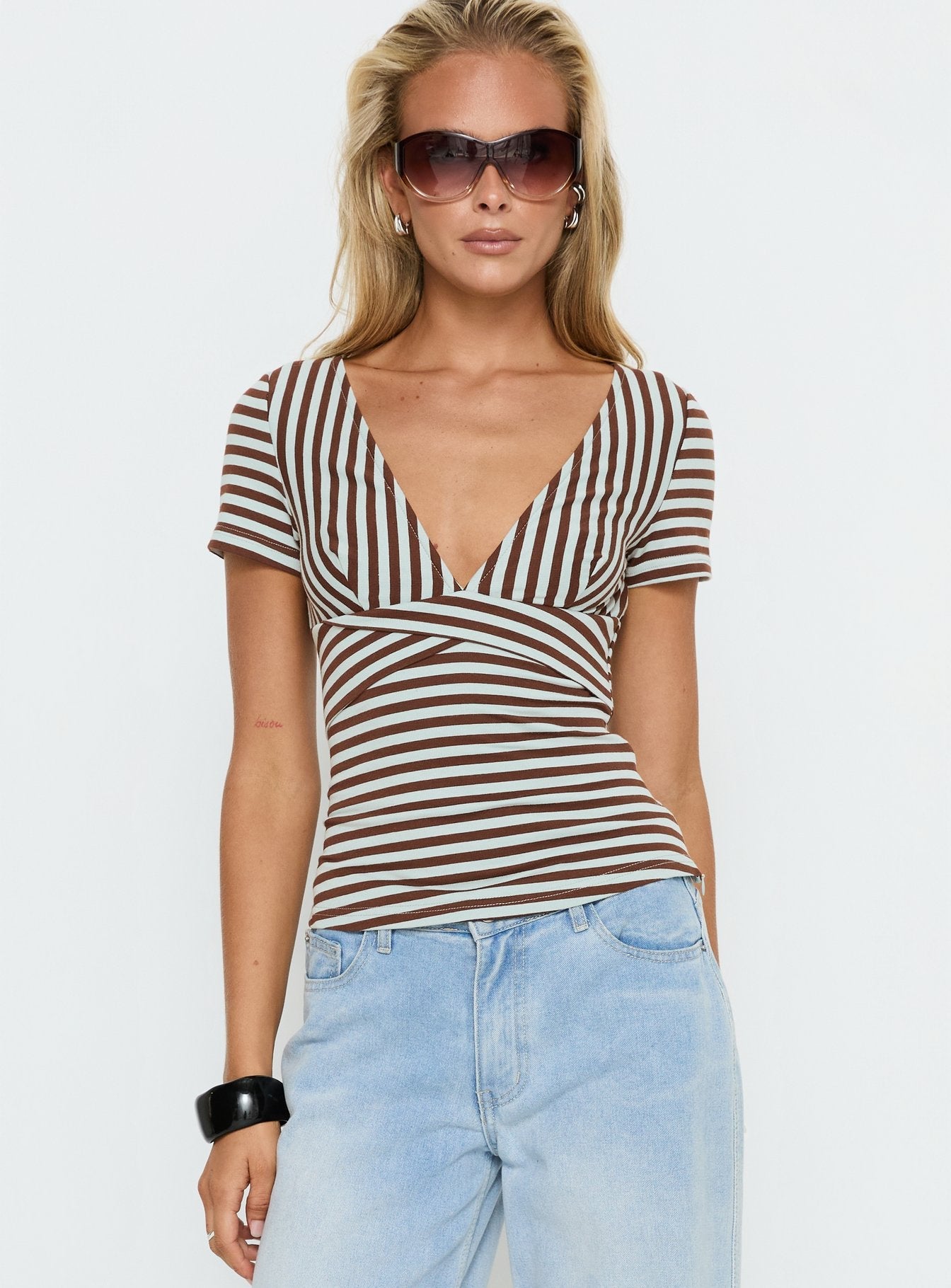 Madelon Kısa Kollu Çizgili Bluz - Kahverengi/Mavi