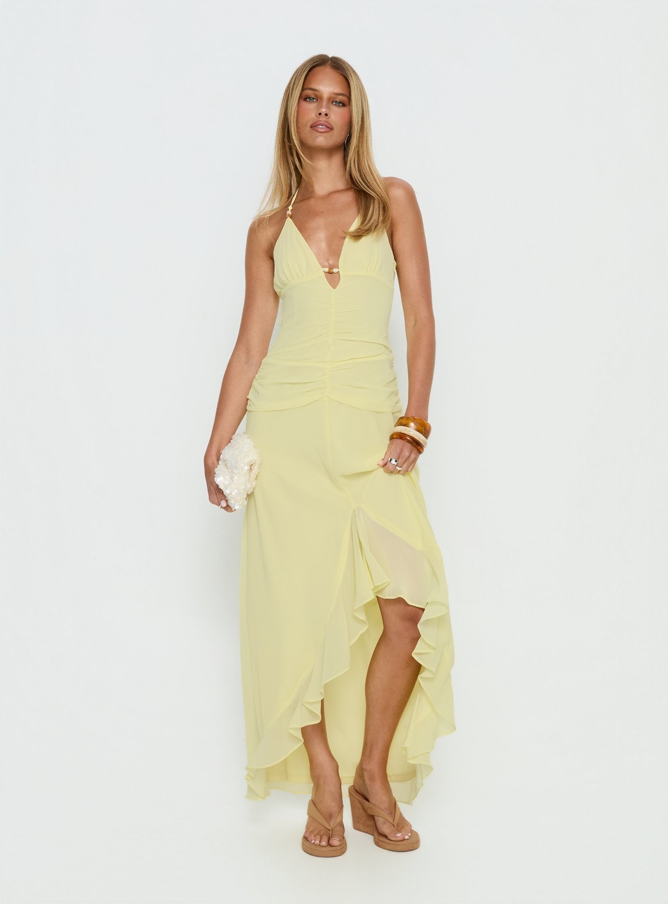 Roxine Sarı Asimetrik Halter Maxi Elbise