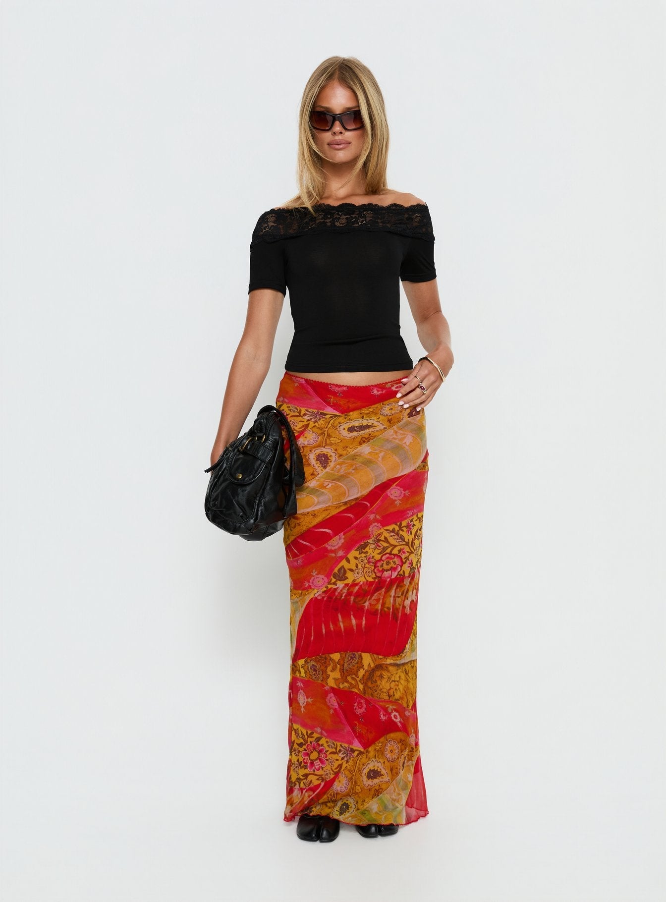 Breiann Dantel Off-Shoulder Siyah Kısa Kol Bluz