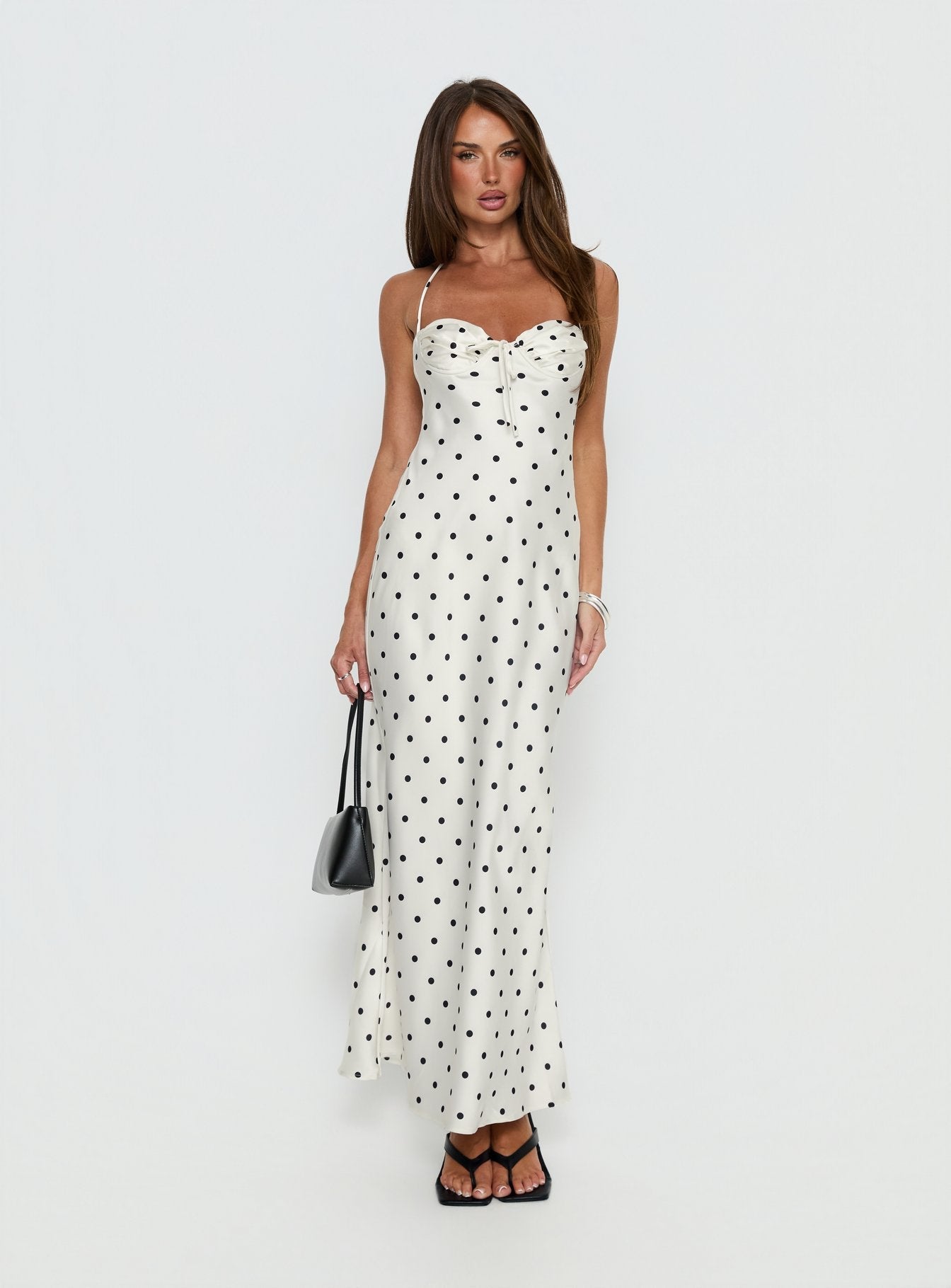 Costella Krem Puantiye Halter Yaka Saten Maxi Elbise
