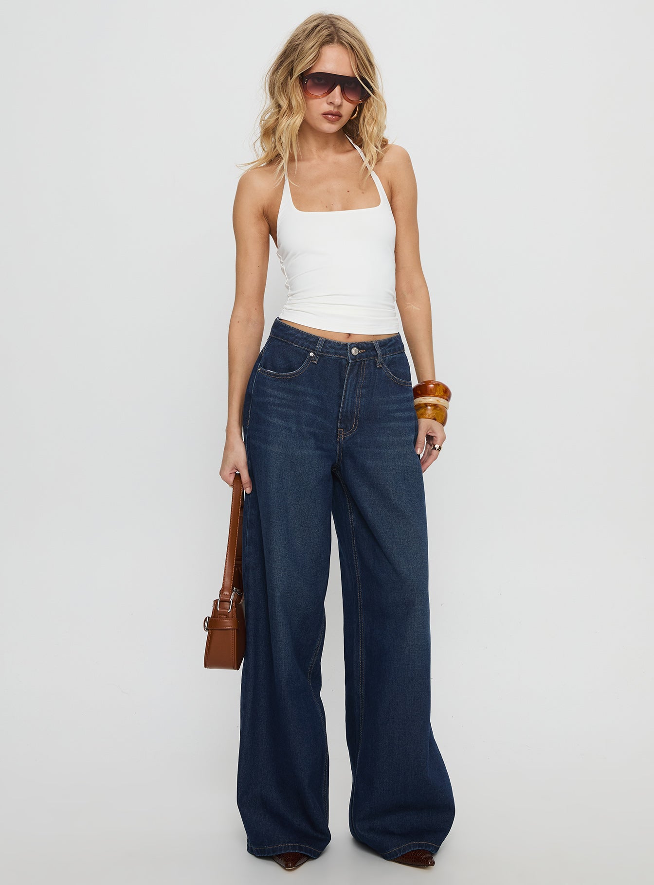 Naylor Orta Bel Geniş Paça Mavi Denim Pantolon