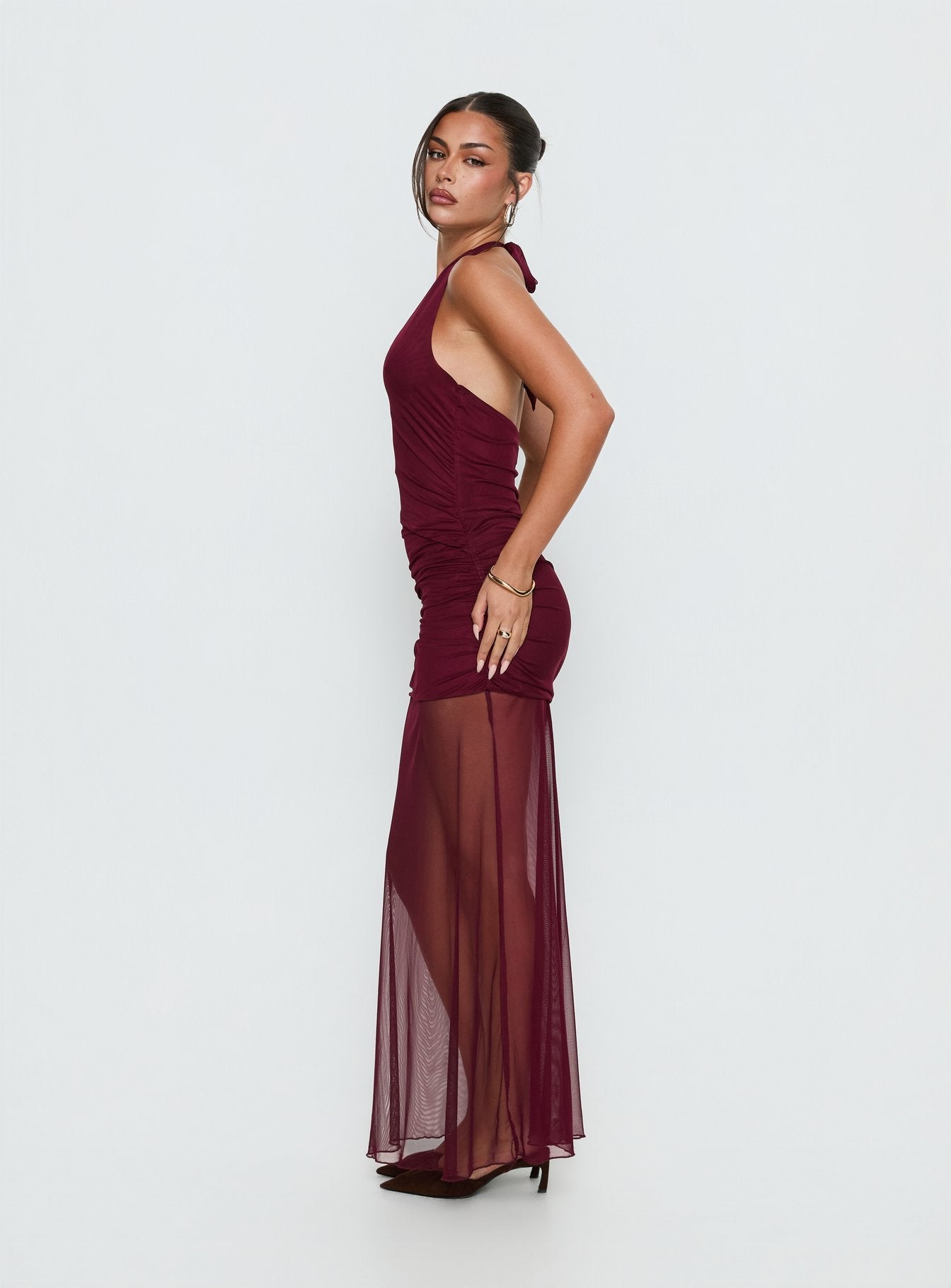 Bordo Şeffaf Maxi Elbise - Desta Halter Modası