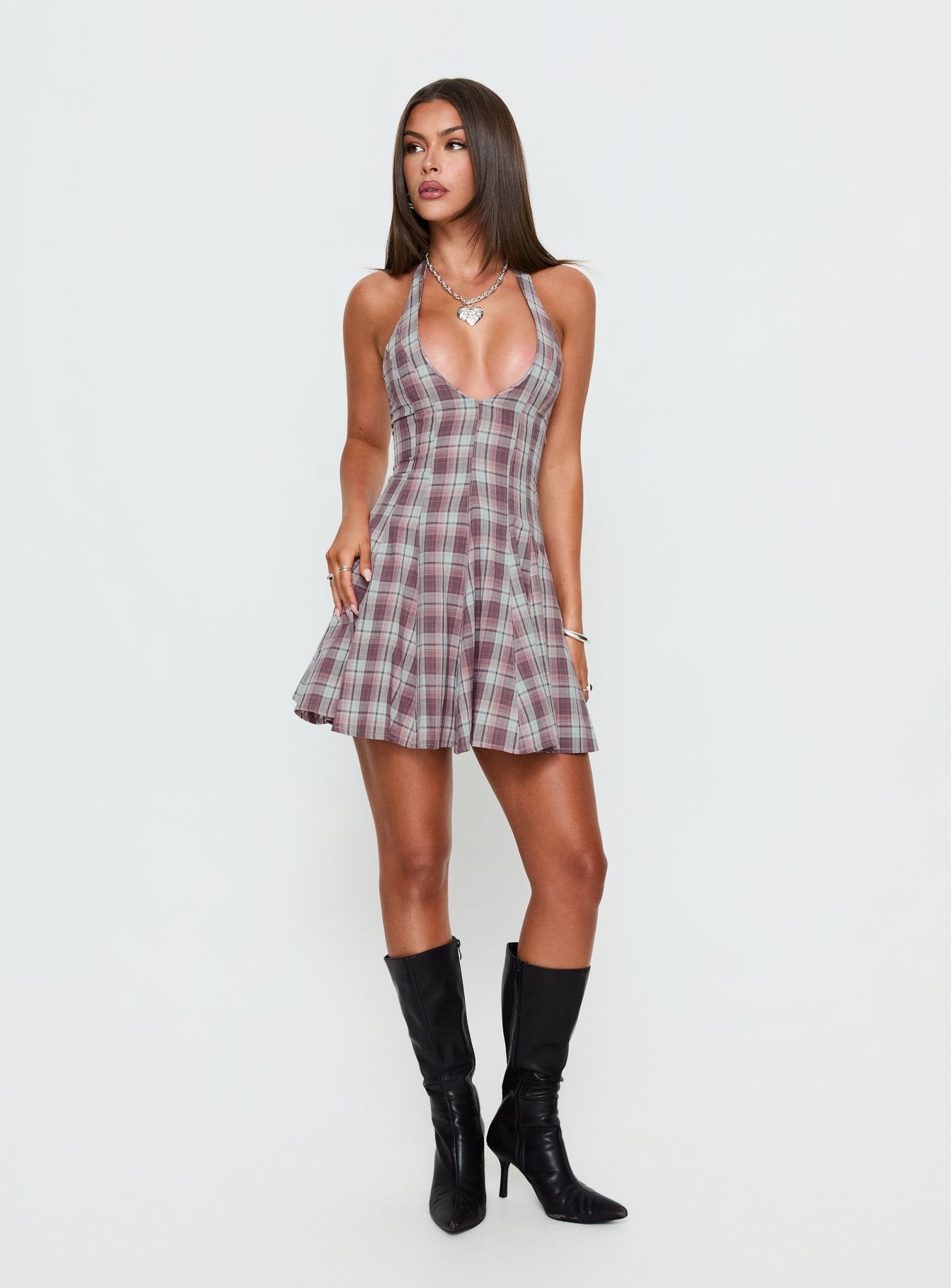 Bordo/Pembe Kare Desenli Mini Halter Elbise