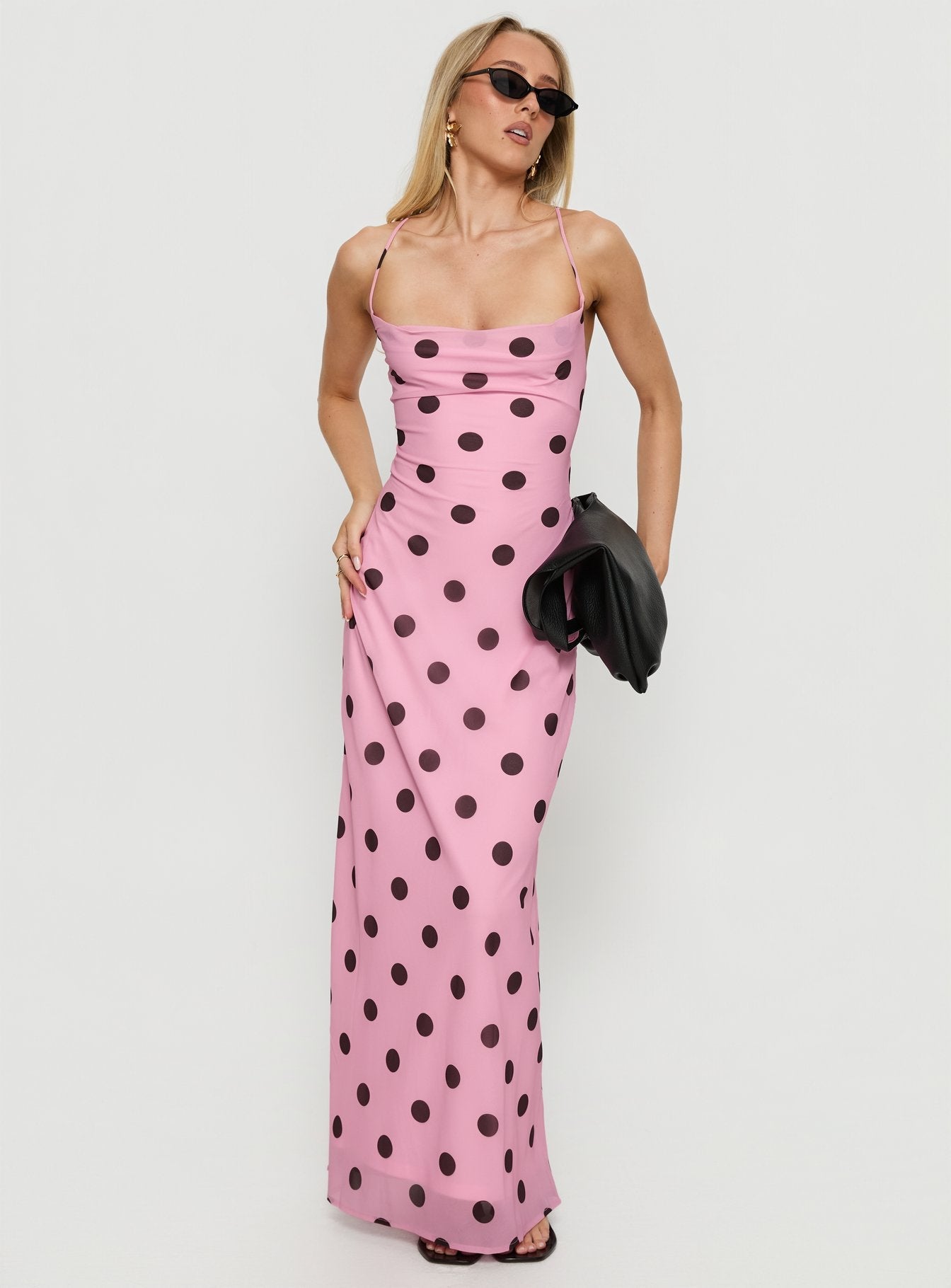 Celena Puantiye Desenli Maxi Elbise - Pembe/Kahverengi