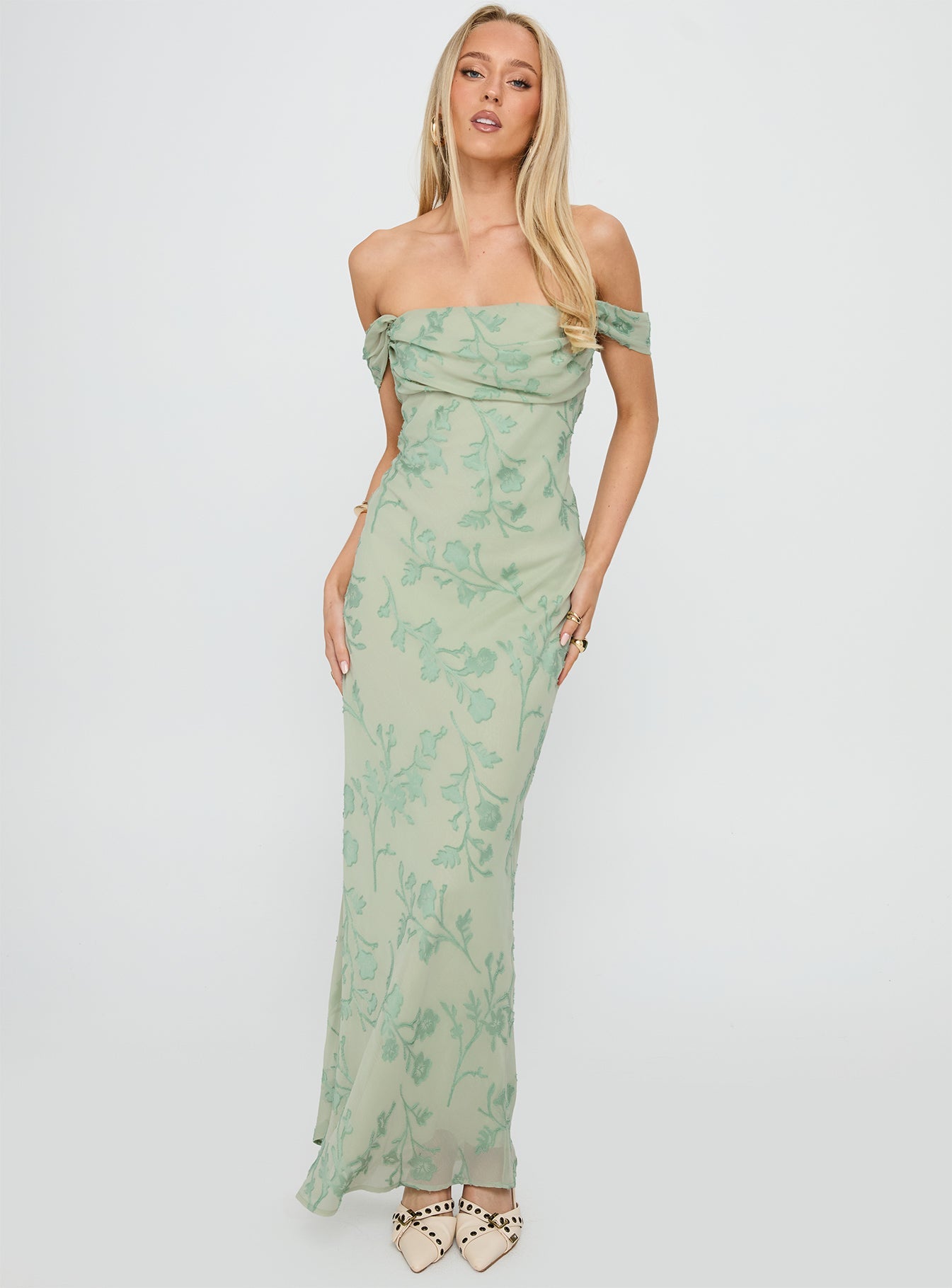 Azura Yeşil Yanık Off-Shoulder Maxi Elbise