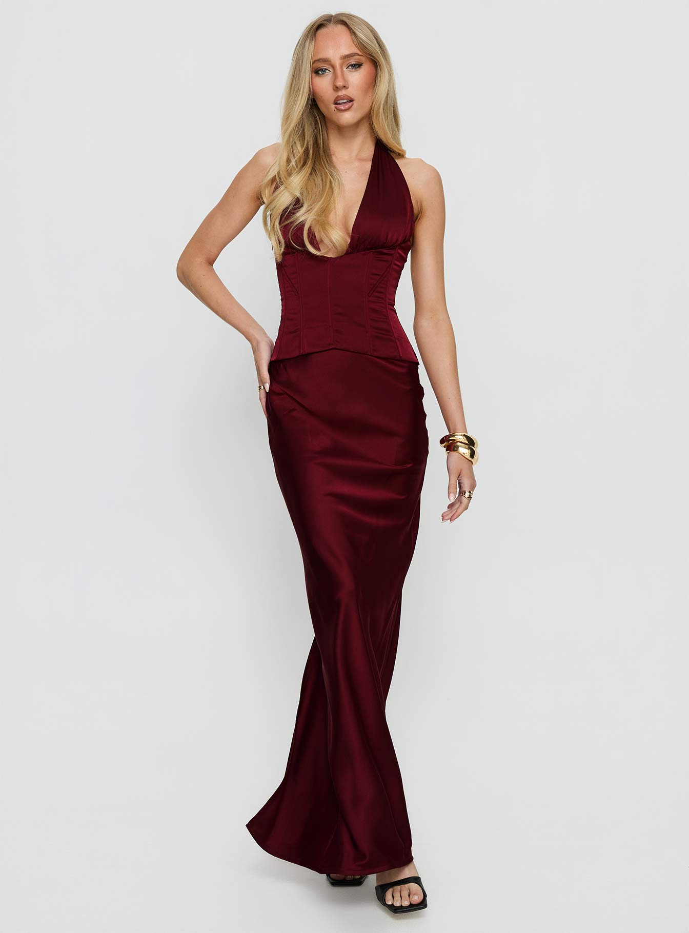 Kırmızı Trans Halter Korse Maxi Elbise