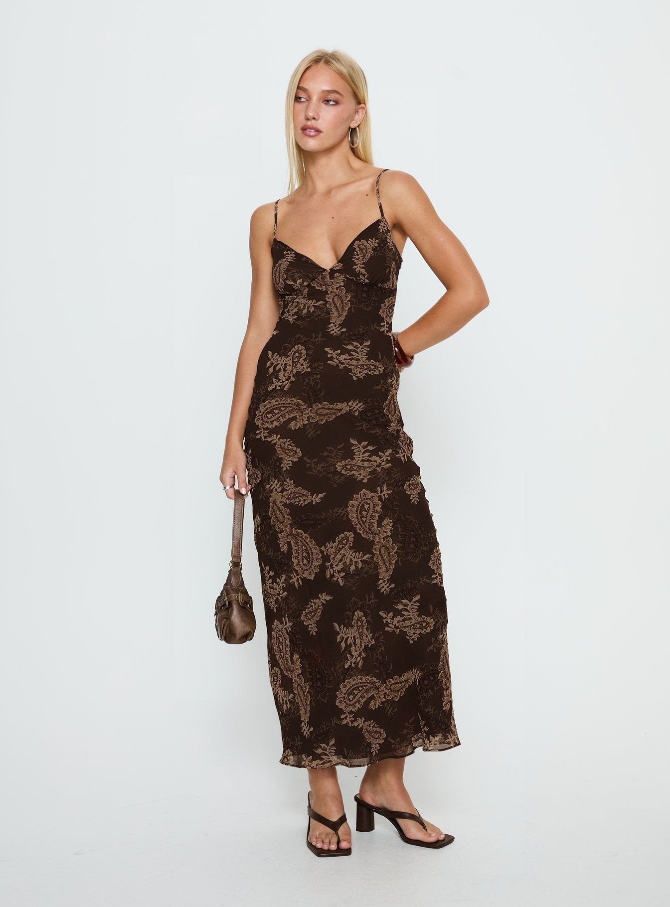 Jemimah V Yaka Kahverengi Paisley Maxi Elbise