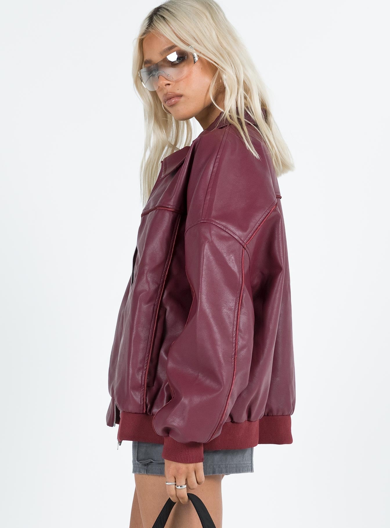 Bordo Altıncı Faux Deri Bomber Ceket