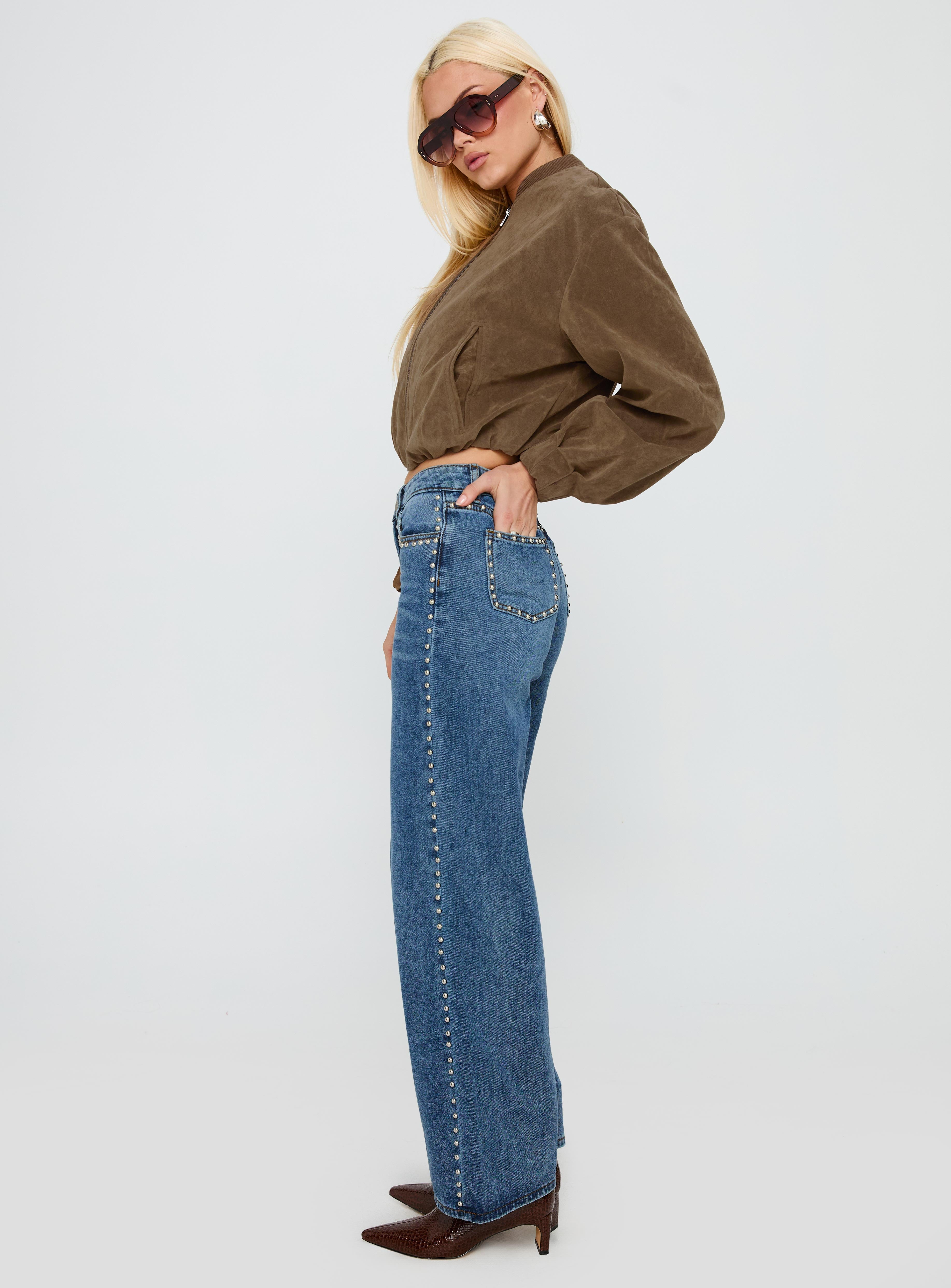 Orta Mavi Yüksek Bel Düz Paça Denim Pantolon