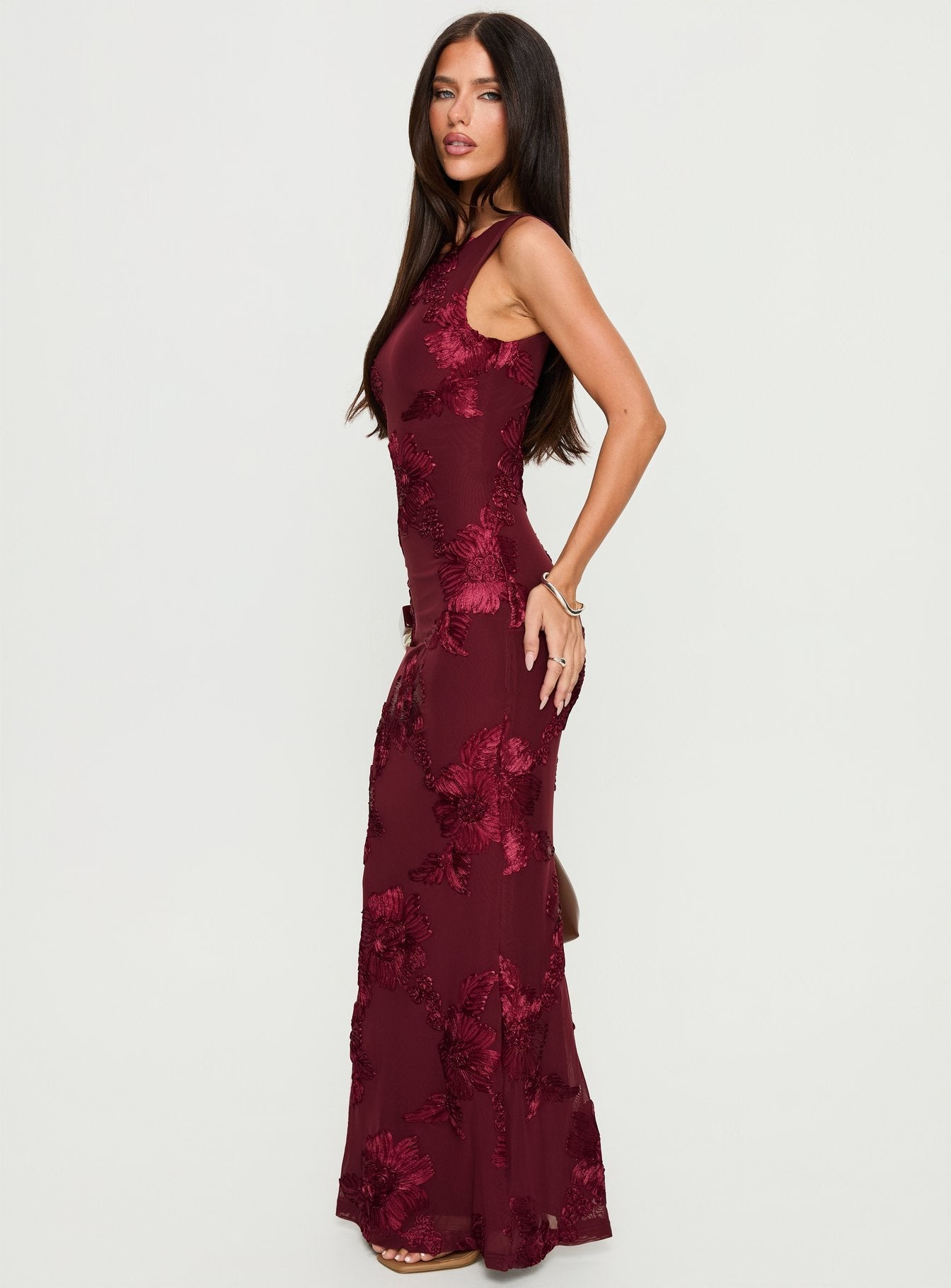 Bordo Fionna Çiçekli Maxi Elbise
