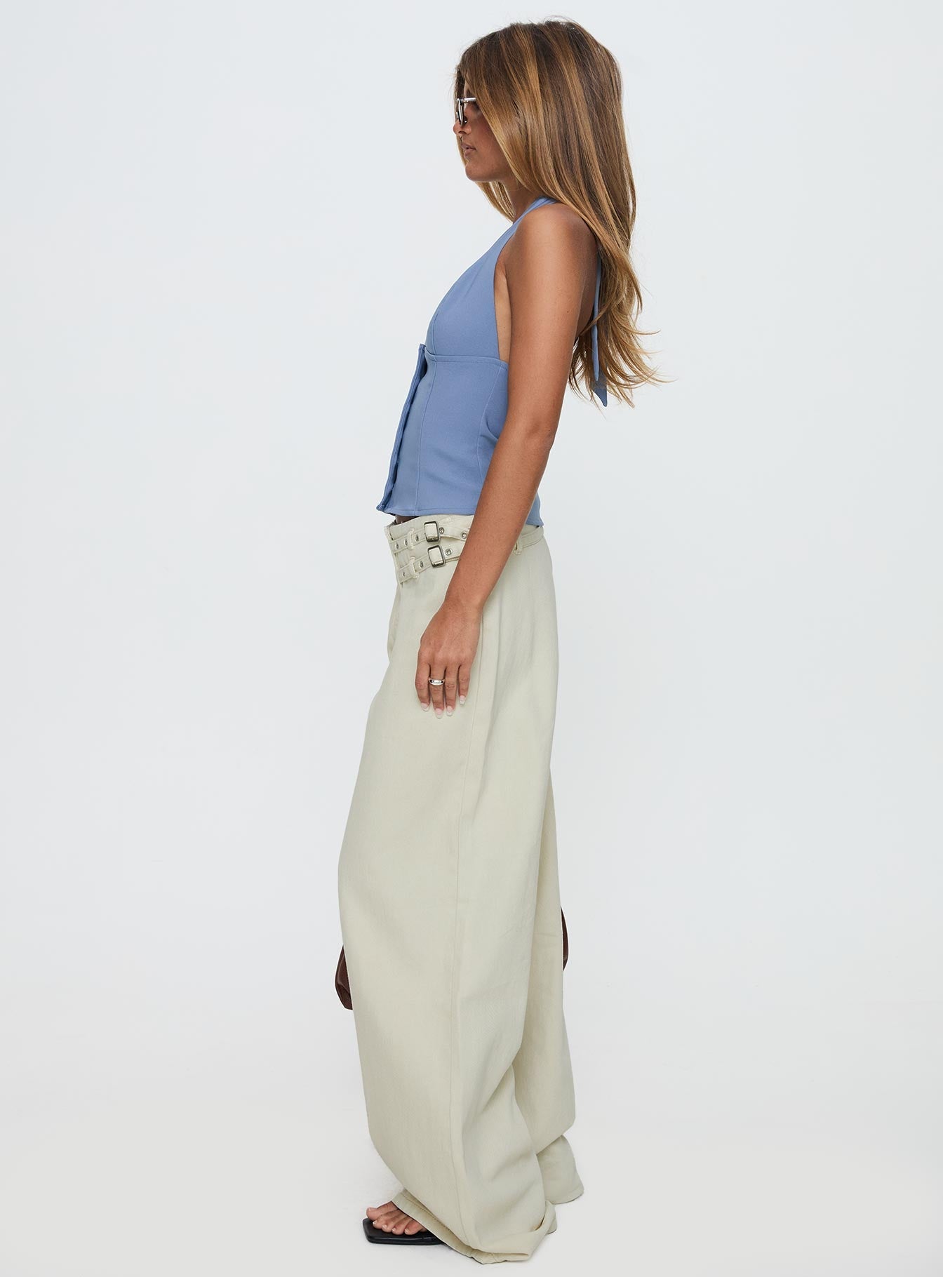 Paltrow Orta Bel Geniş Paça Kargo Jean - Krem