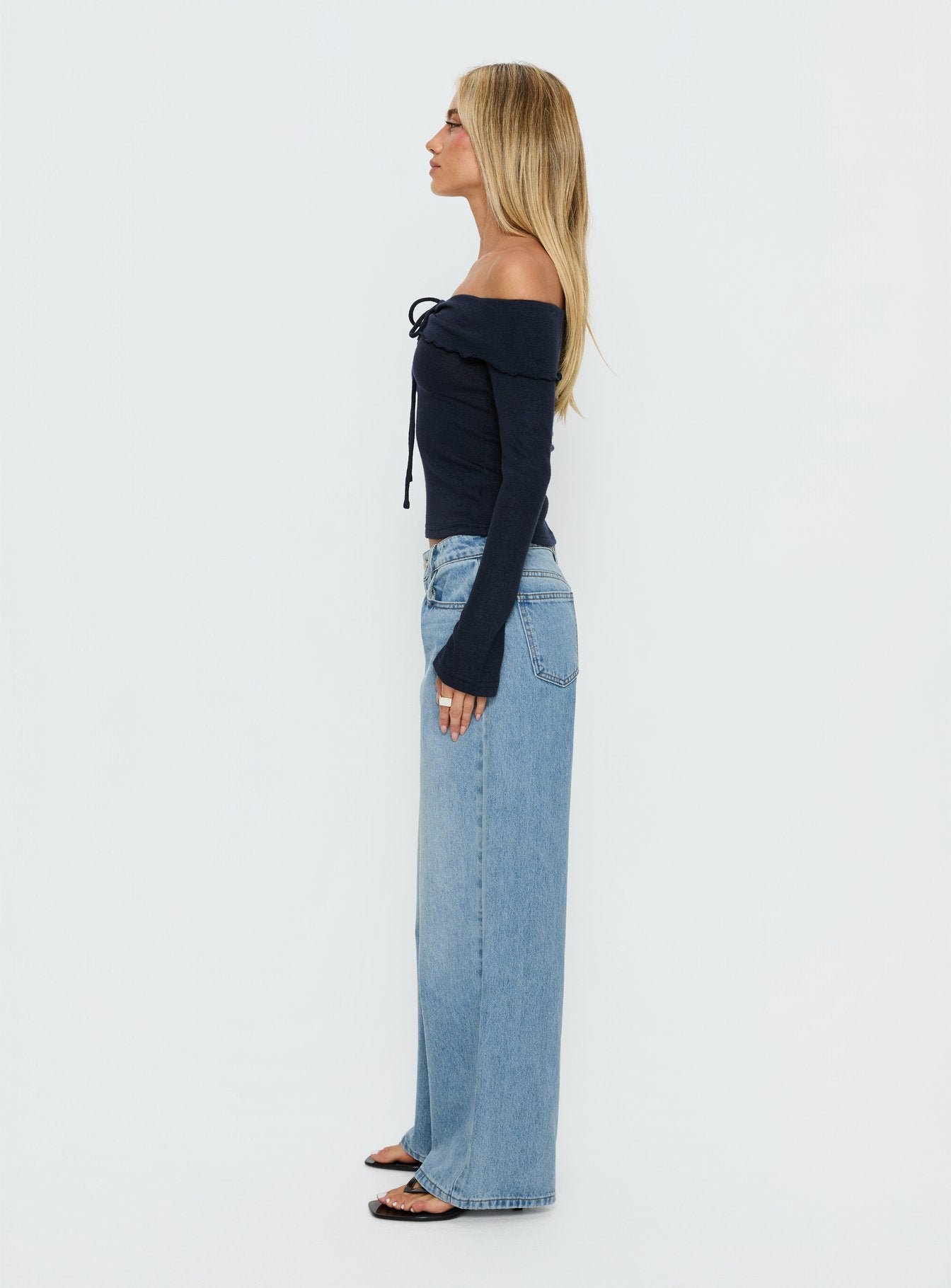 Ellanor Orta Mavi Düşük Bel Bol Kesim Denim Pantolon