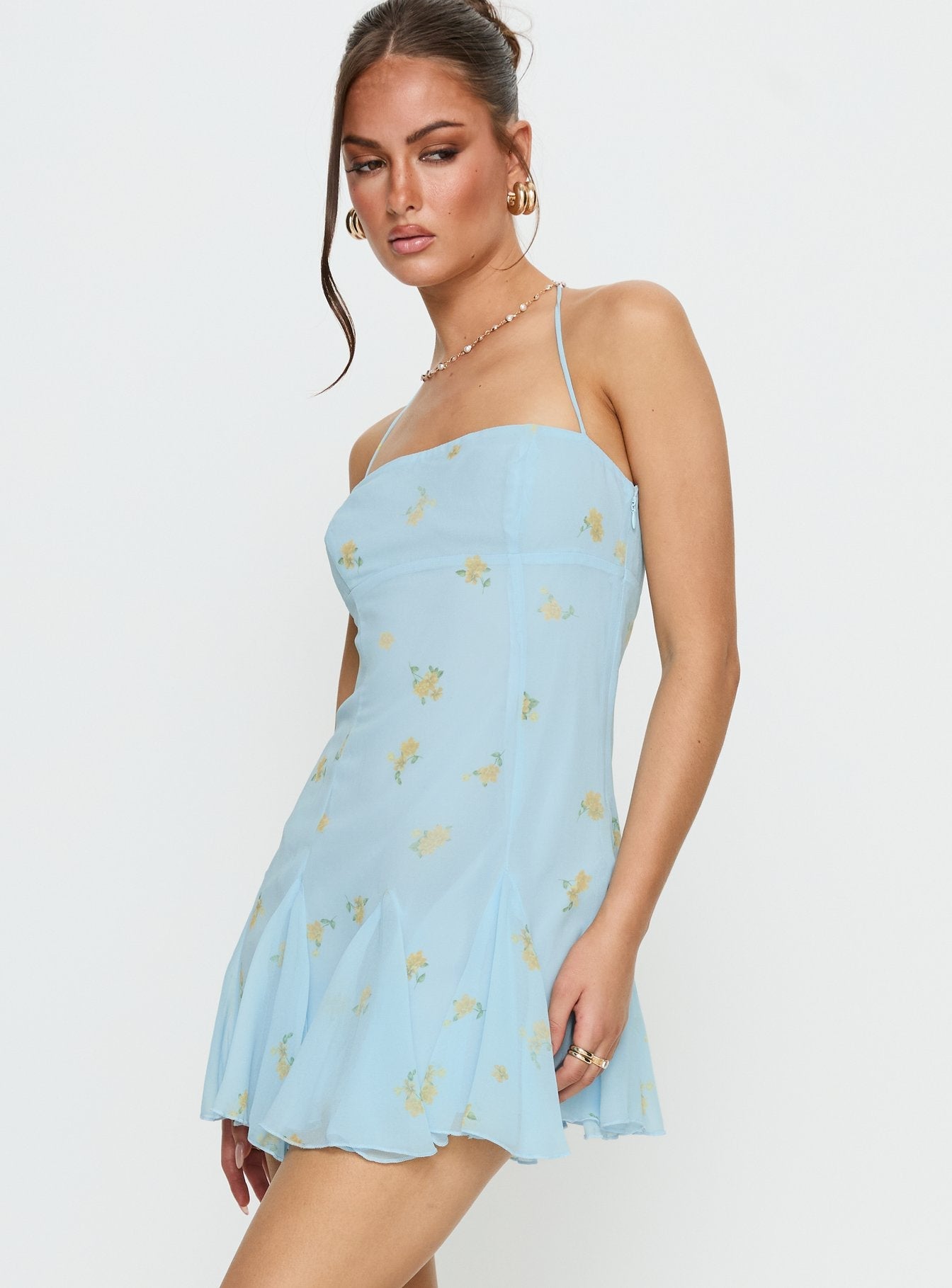 Delamere Pastel Mavi Çiçekli Mini Elbise