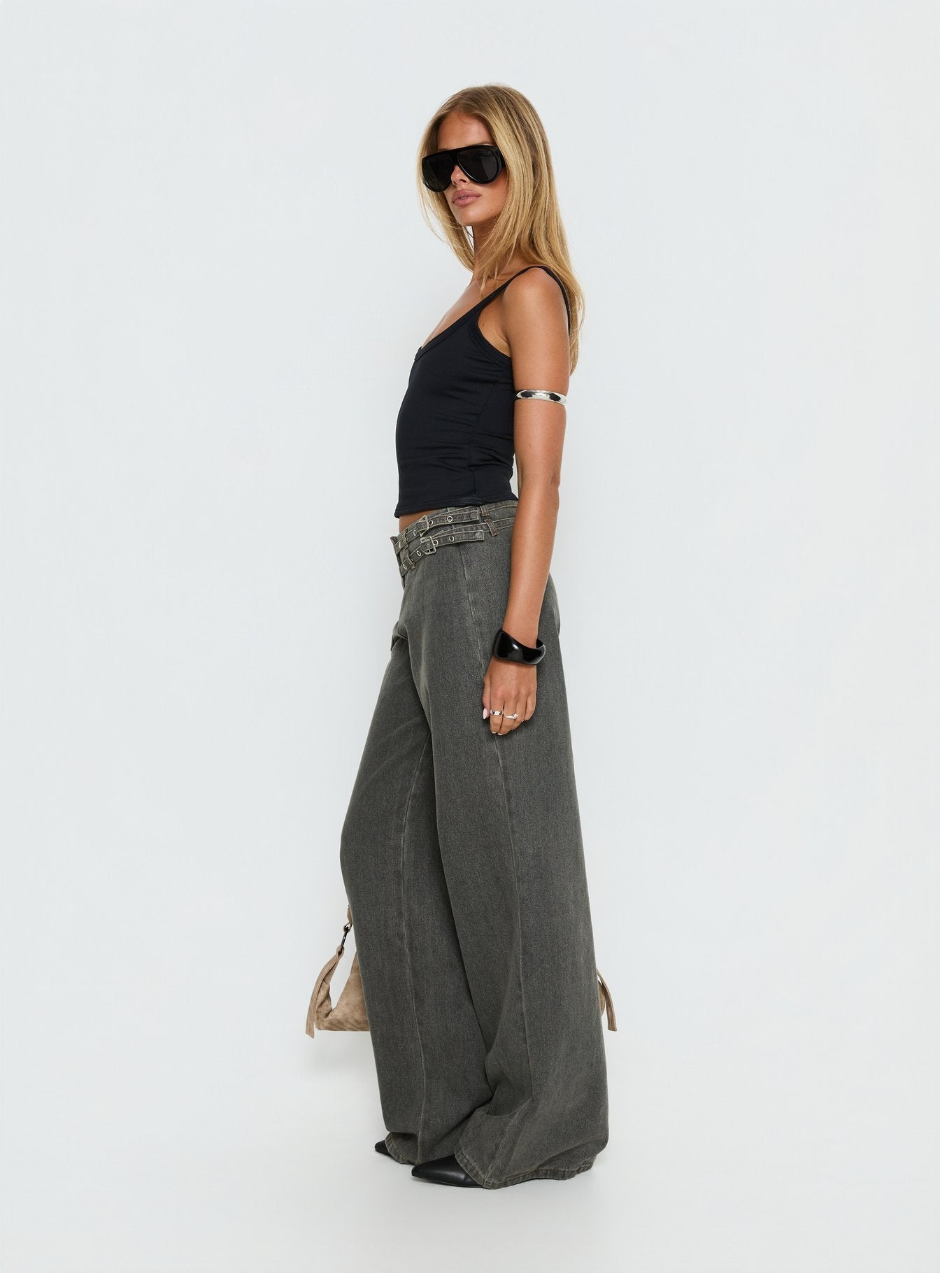 Paltrow Orta Bel Geniş Paça Kargo Jean - Açık Gri