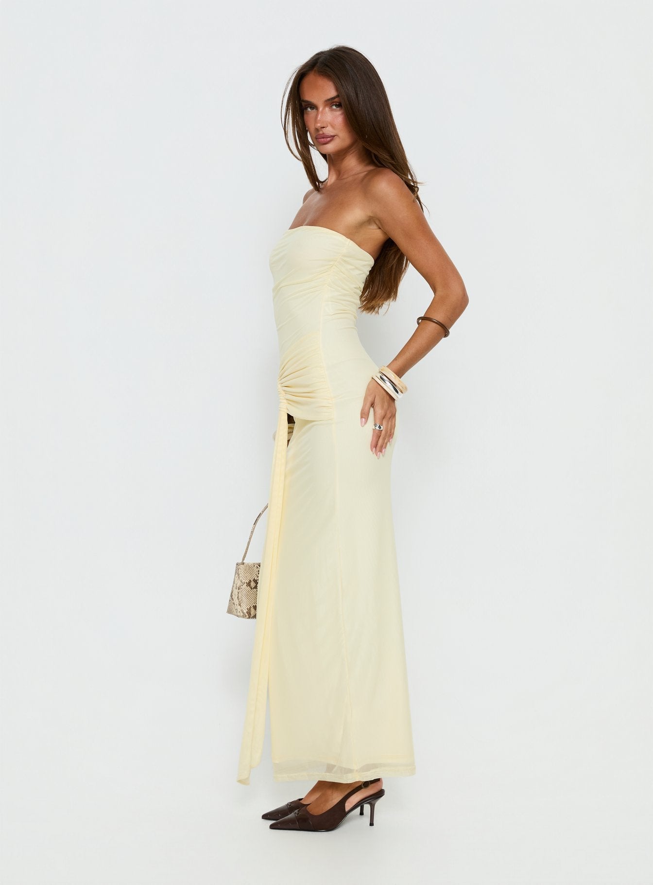 Senora Straplez Drapeli Limon Maxi Elbise