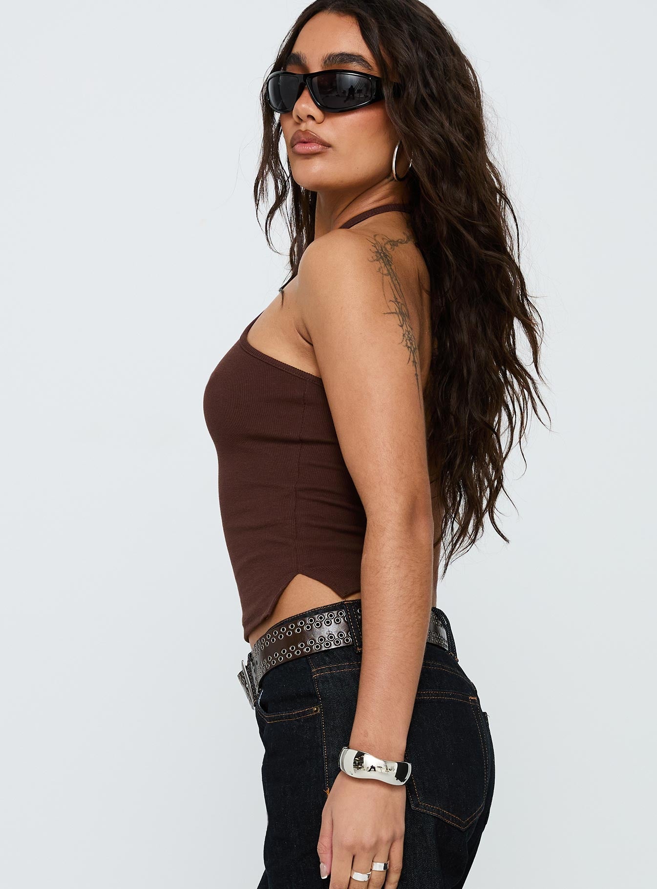 Ribbed Halter Üst - Çikolata Rengi