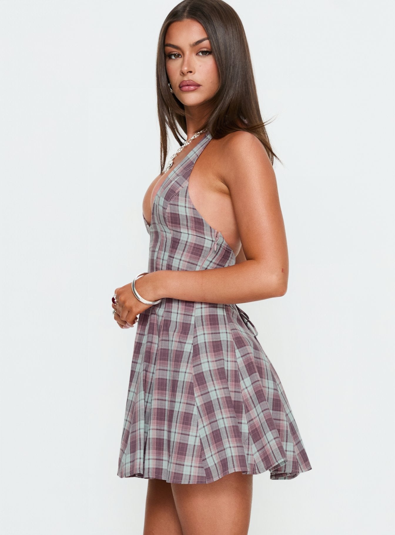Bordo/Pembe Kare Desenli Mini Halter Elbise