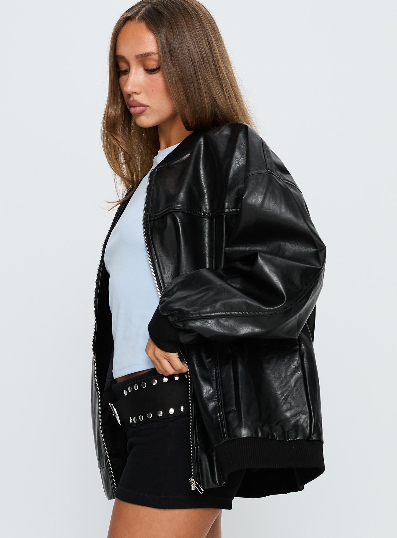Siyah Faux Deri Bomber Ceket