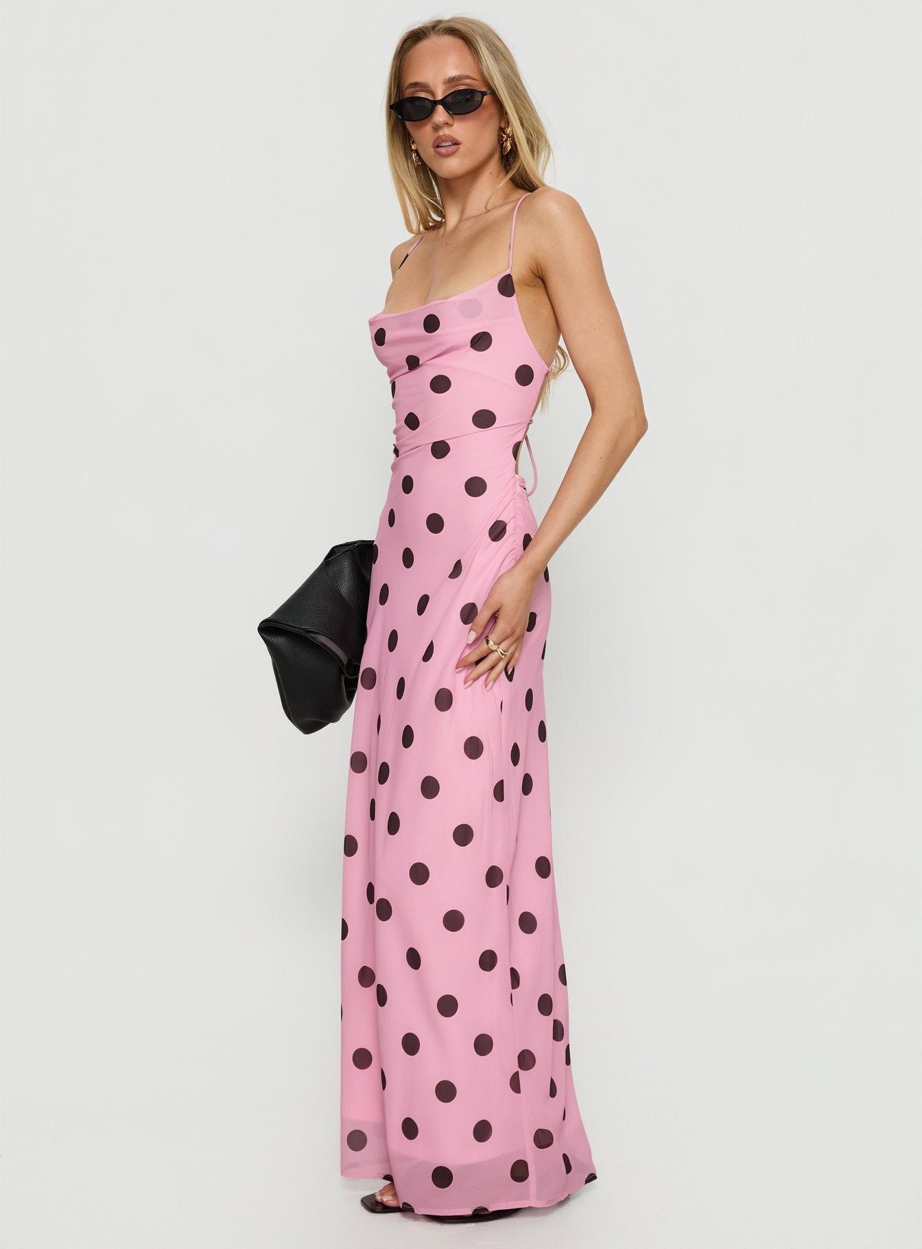 Celena Puantiye Desenli Maxi Elbise - Pembe/Kahverengi