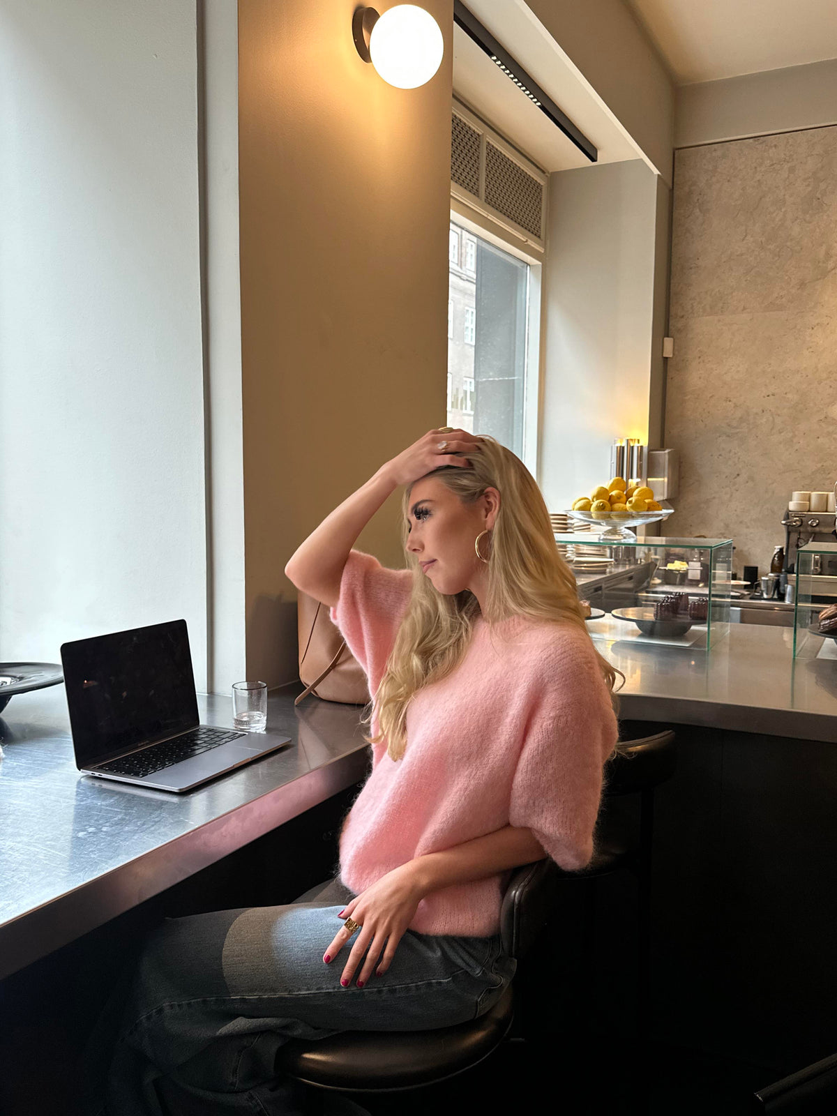 Elise Açık Pembe Moher Karışımlı Kısa Kollu Triko Üst