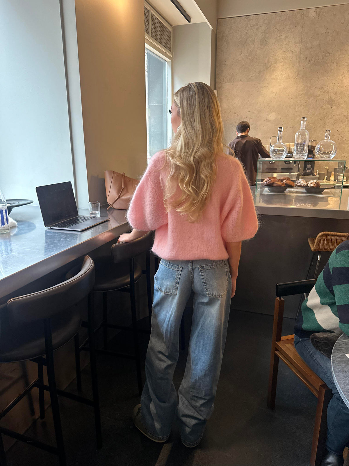 Elise Açık Pembe Moher Karışımlı Kısa Kollu Triko Üst