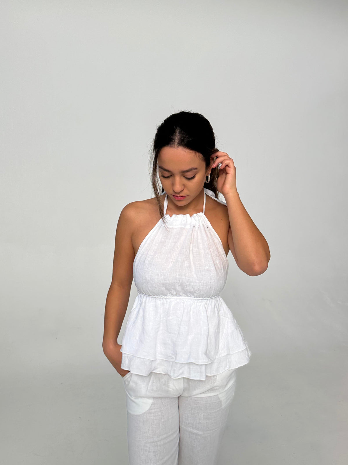 Beyaz Açık Sırtlı Cleo Keten Bluz