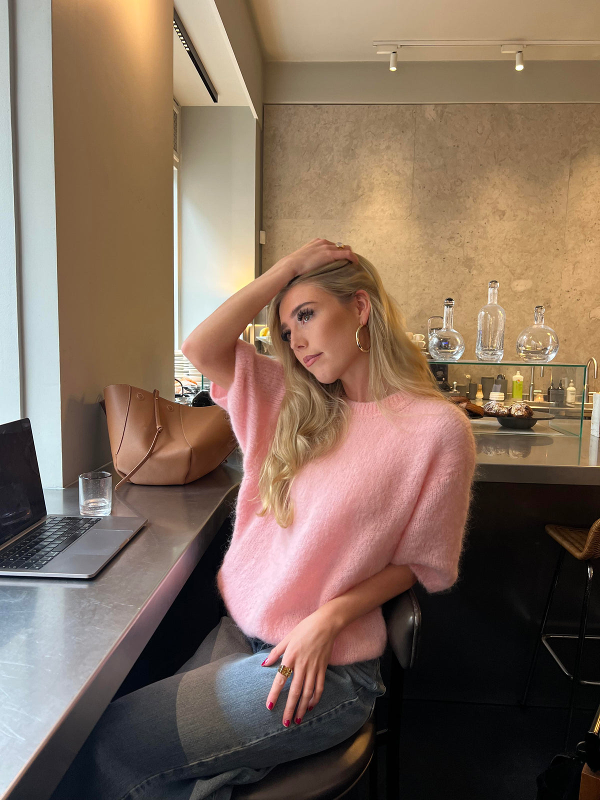 Elise Açık Pembe Moher Karışımlı Kısa Kollu Triko Üst