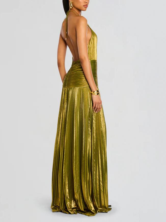 Metalik Peridot Maxi Elbise
