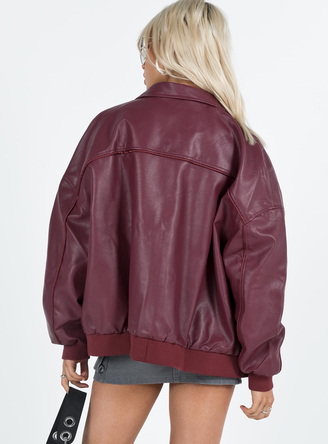 Bordo Altıncı Faux Deri Bomber Ceket