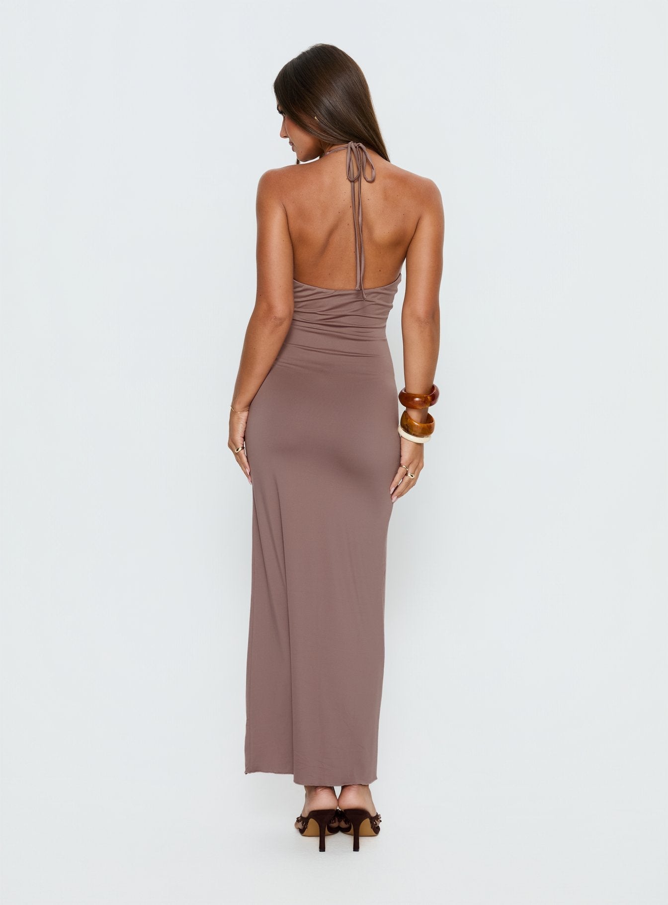 Naysana Halter Askılı Drapeli Maxi Elbise - Mocha