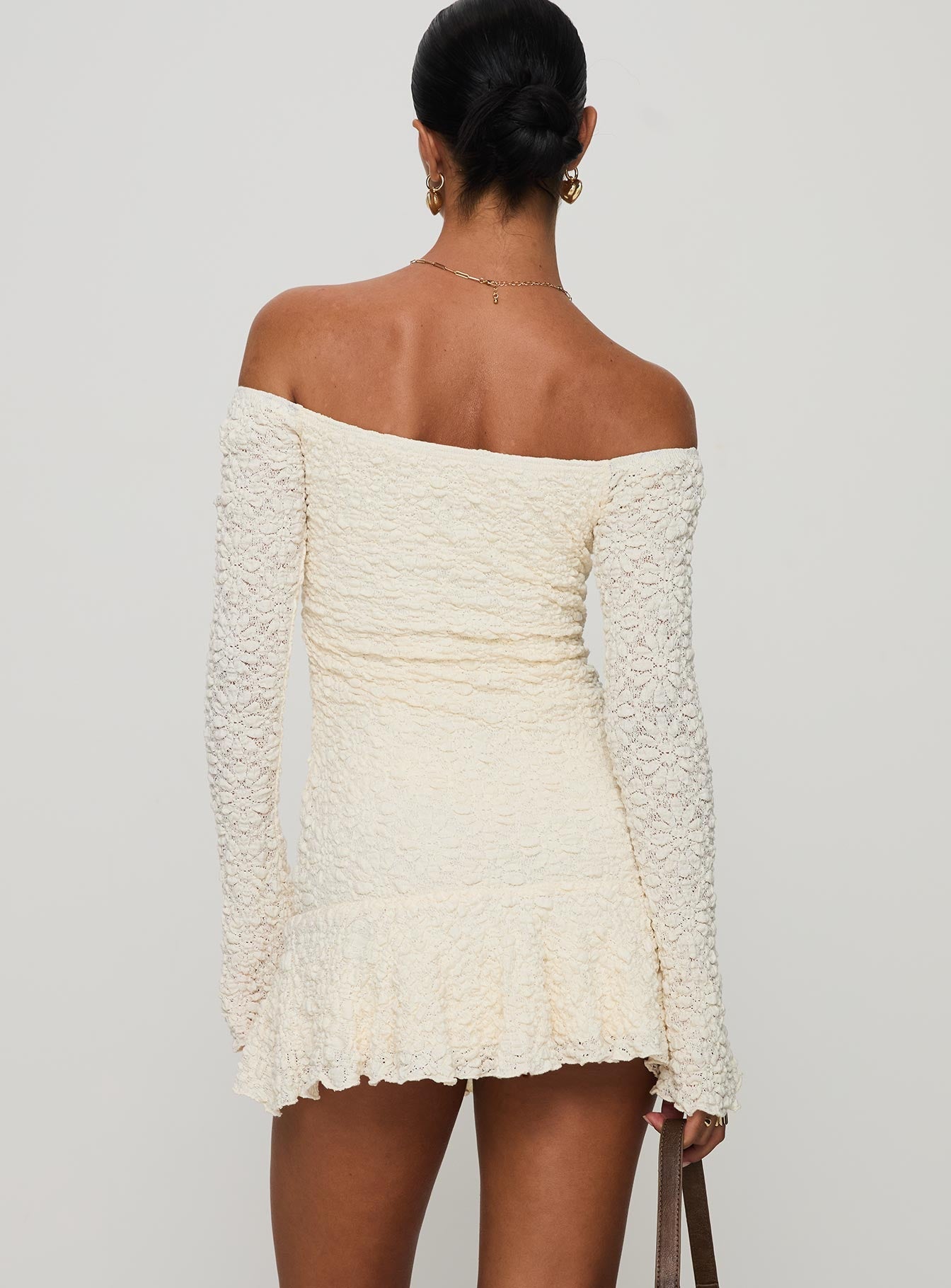 Vancesca Off Shoulder Uzun Kollu Krem Mini Elbise