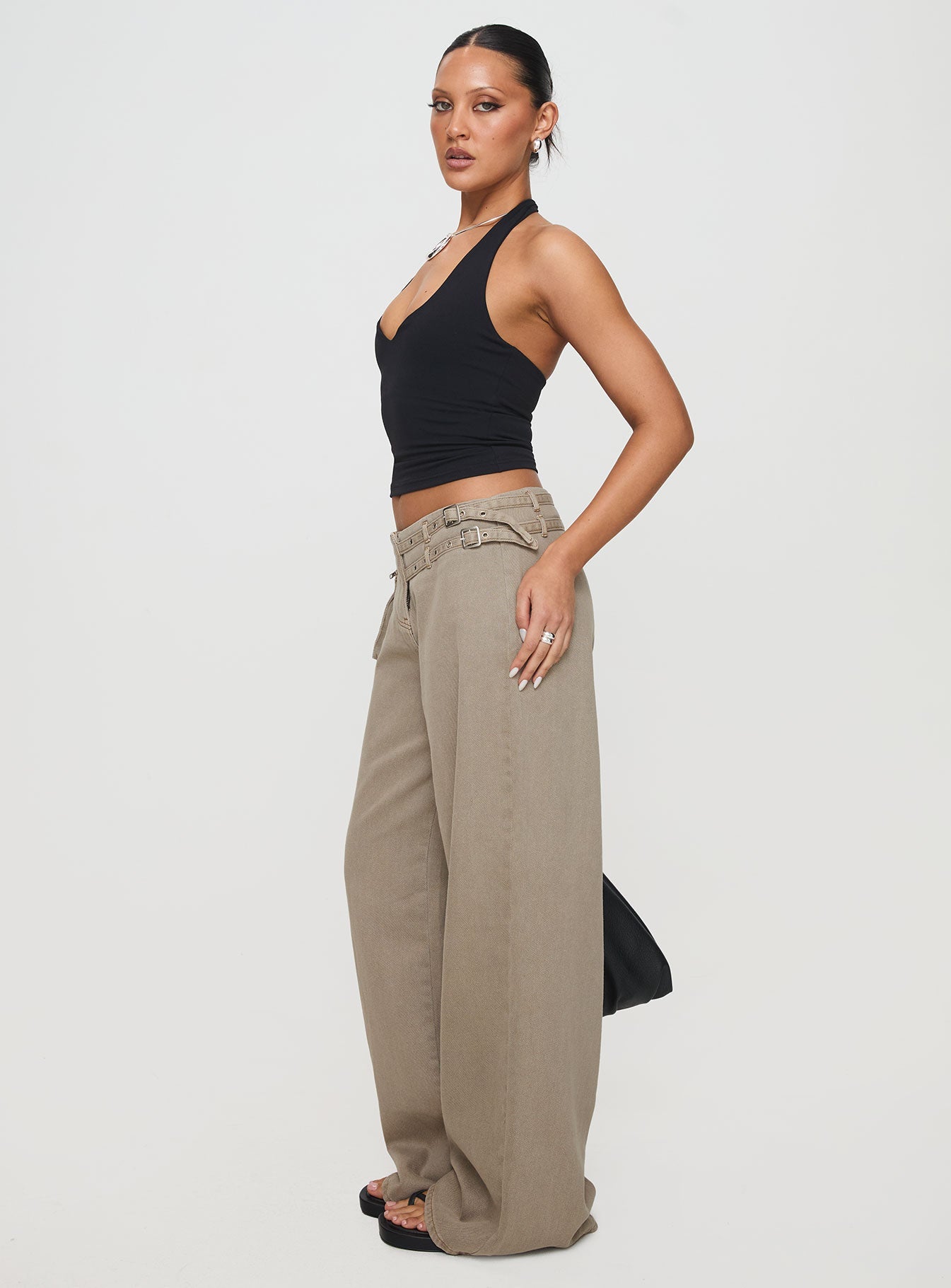 Paltrow Orta Bel Yıkanmış Kahverengi Geniş Paça Kargo Jean