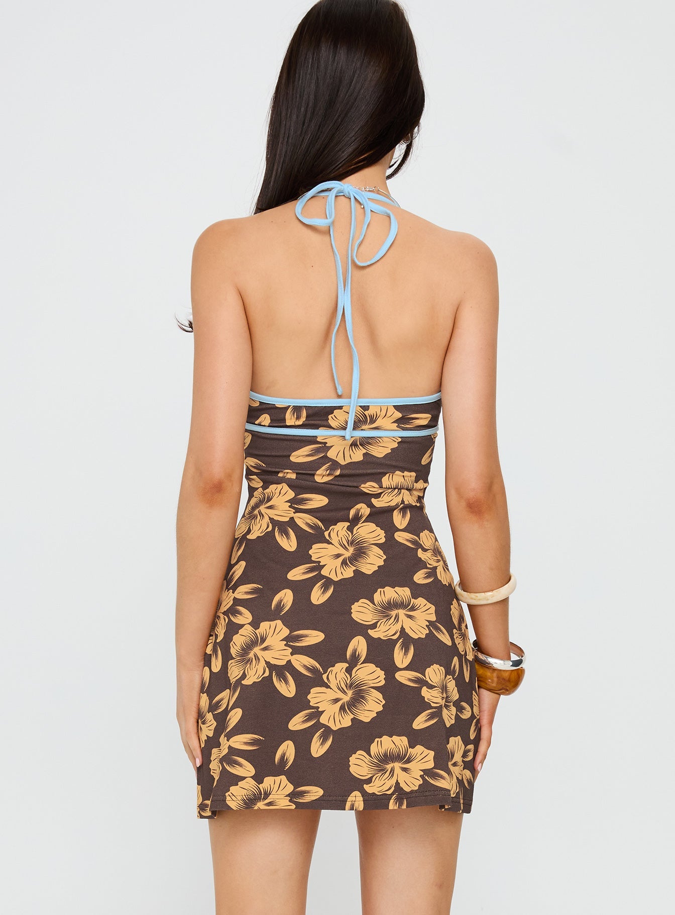 Mishie Halter Mini Elbise - Kahverengi Mavi Çiçek Desenli