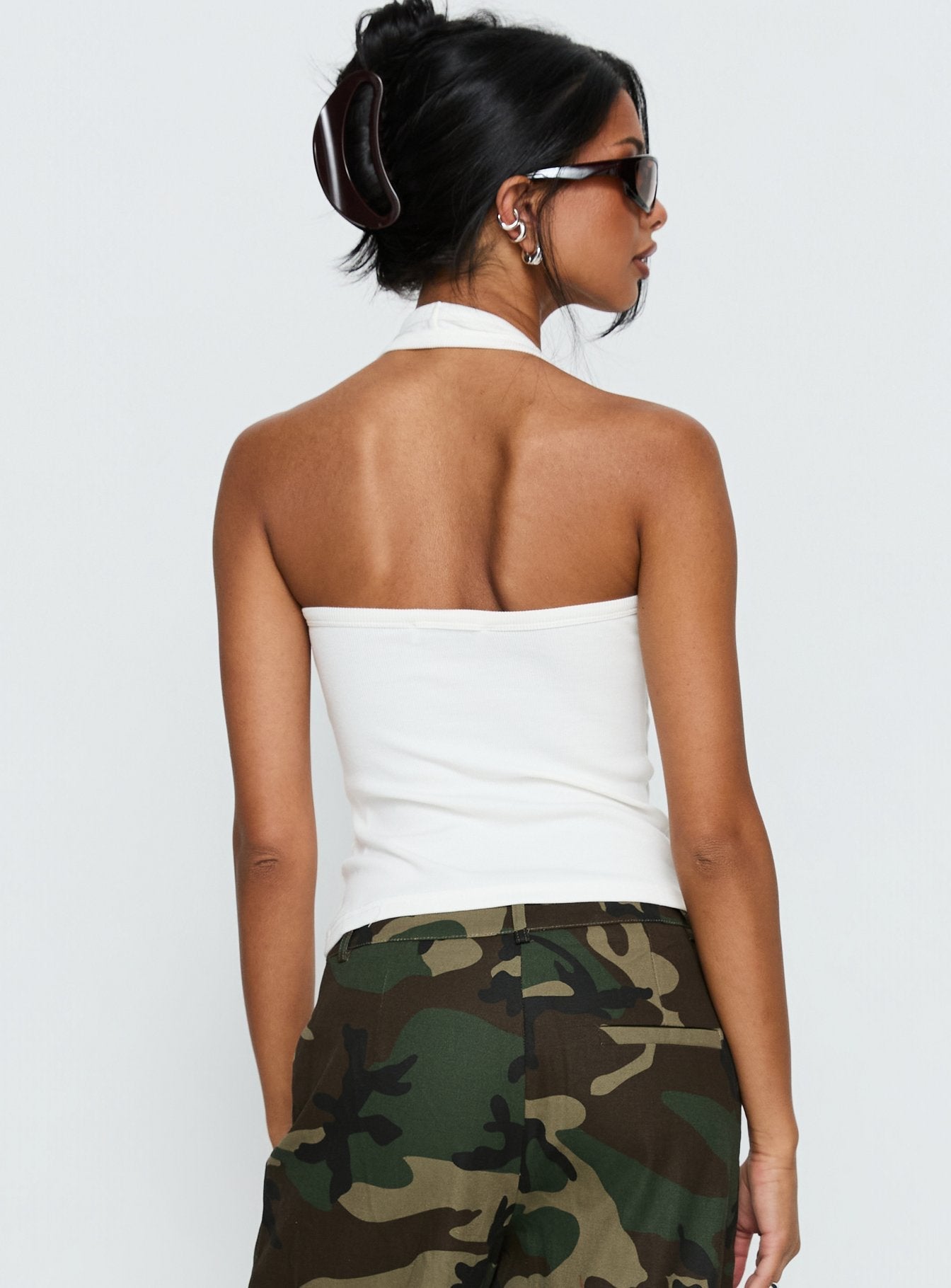 Beyaz Ribbed Halter Tank Top - Temel Scoop