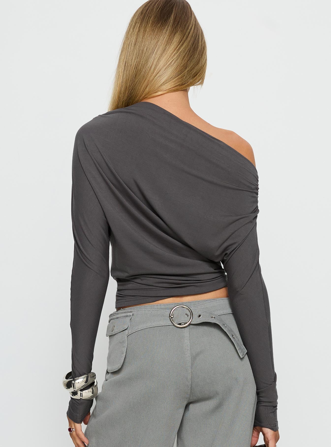 Off Shoulder Antrasit Parti Bluzu