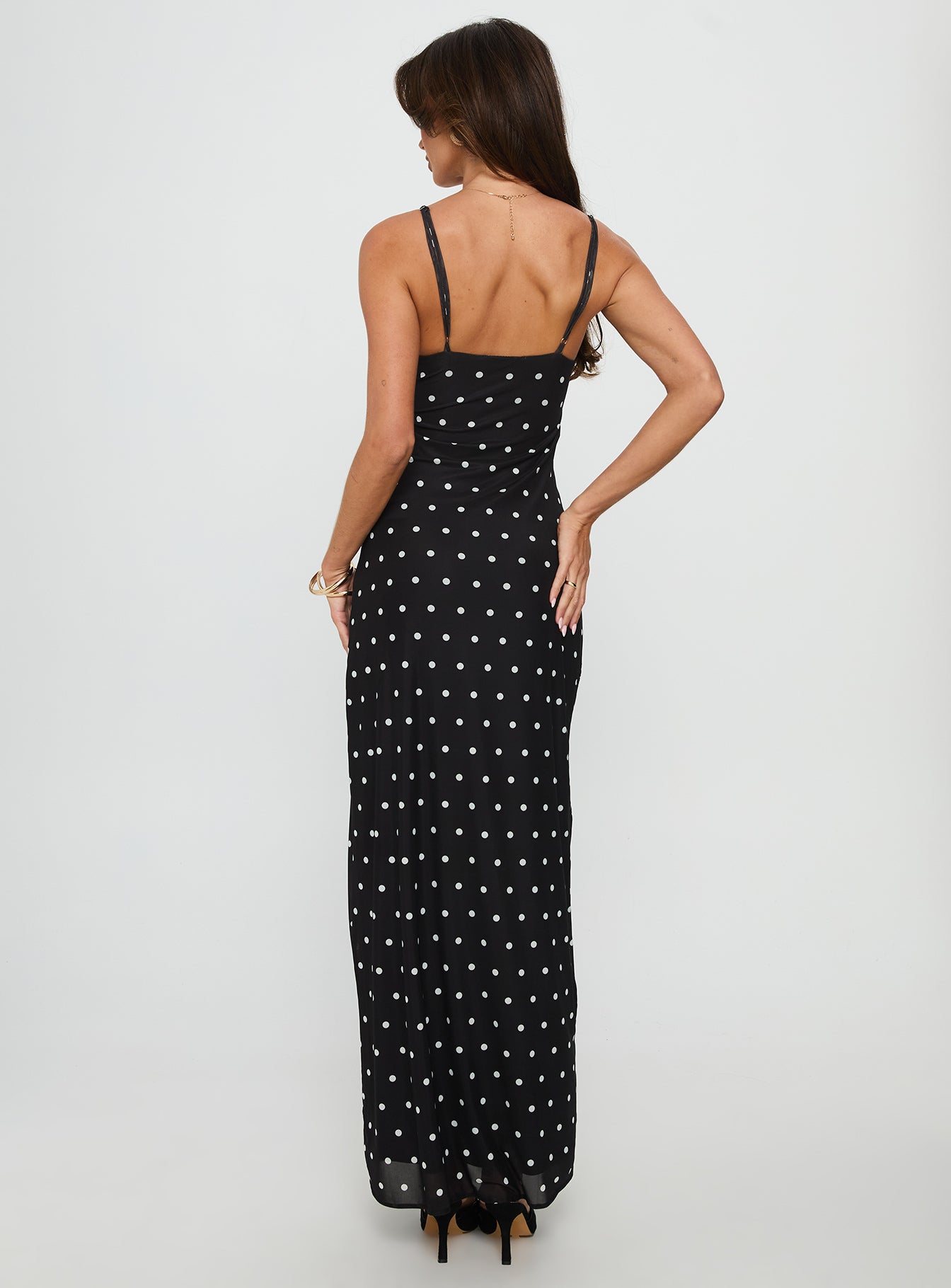 Puantiye Desenli Siyah Maxi Elbise