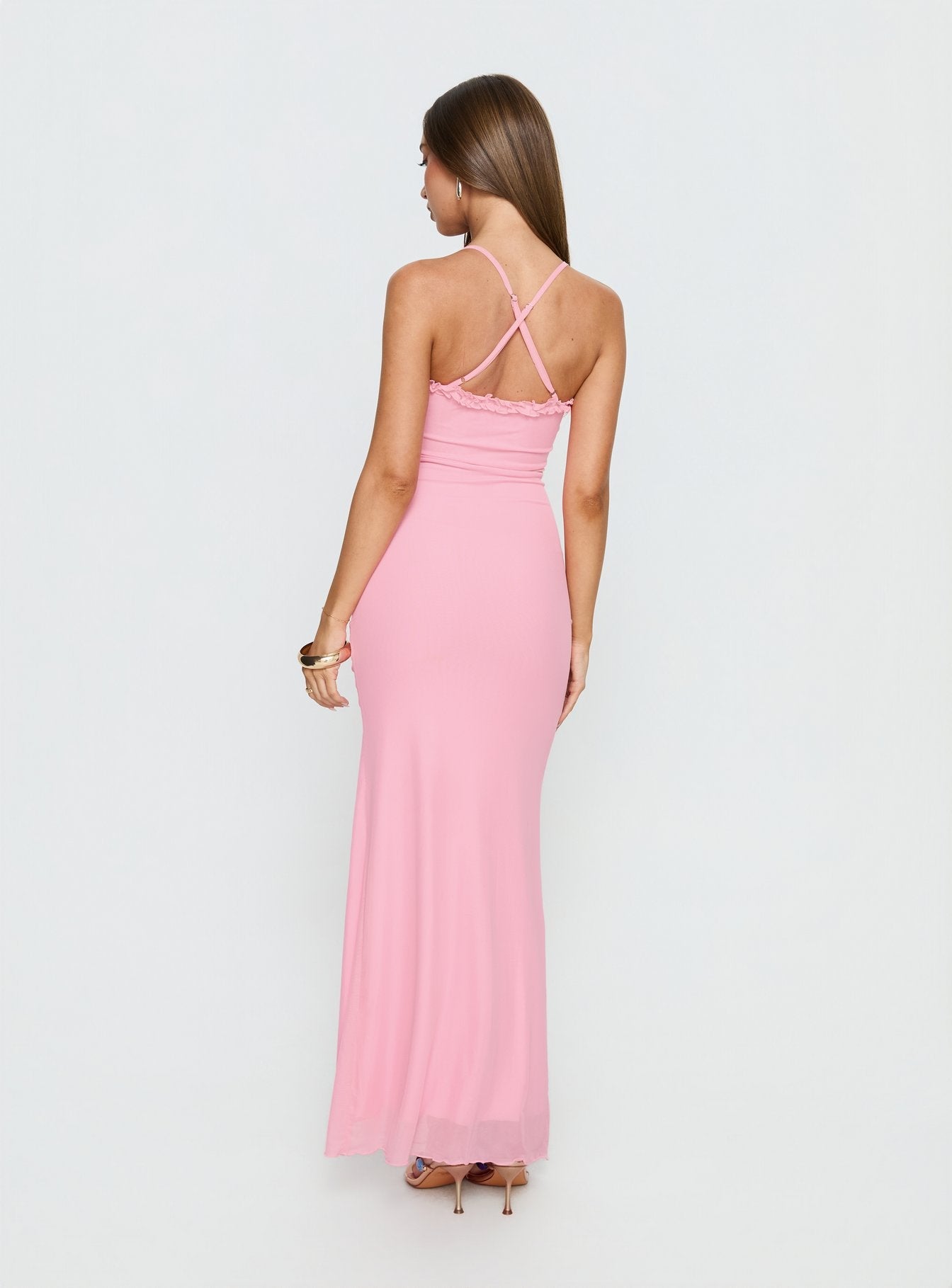 Soulina Pembe Fırfırlı Maxi Elbise