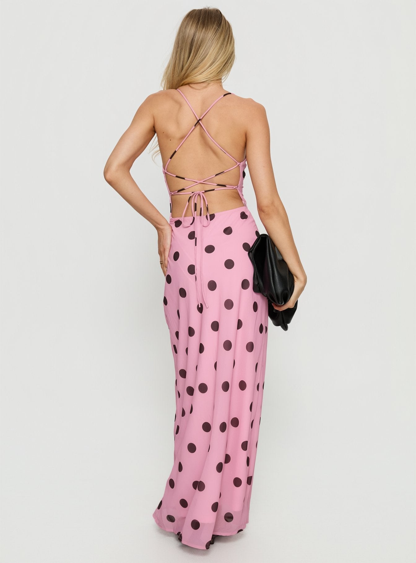 Celena Puantiye Desenli Maxi Elbise - Pembe/Kahverengi