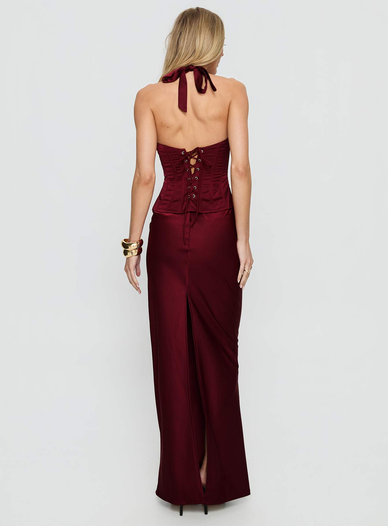 Kırmızı Trans Halter Korse Maxi Elbise