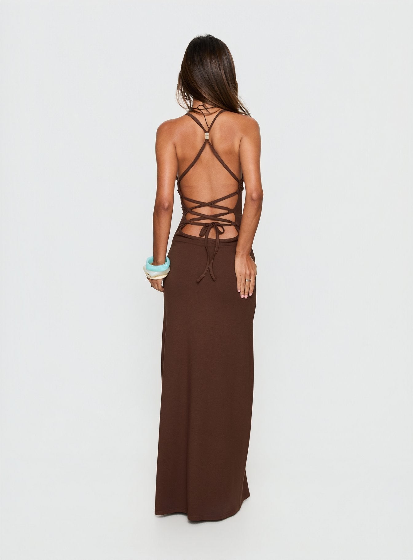 Çikolata Pasita Halter Maxi Elbise
