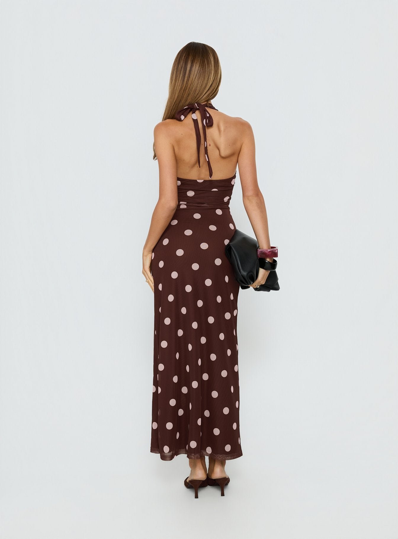 Saviana Halter Maxi Elbise - Çikolata/Pembe Puantiye