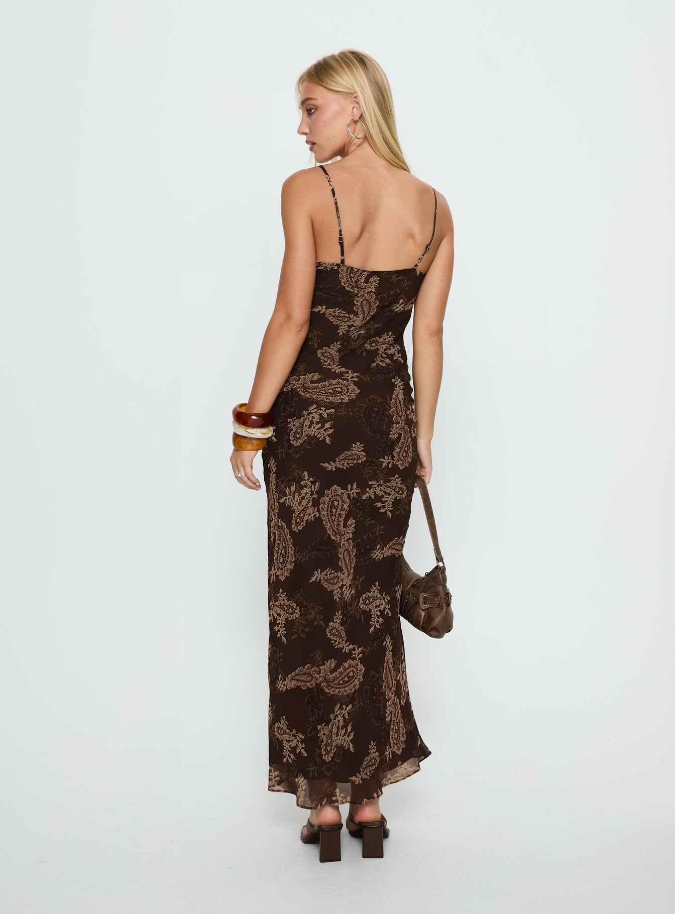 Jemimah V Yaka Kahverengi Paisley Maxi Elbise