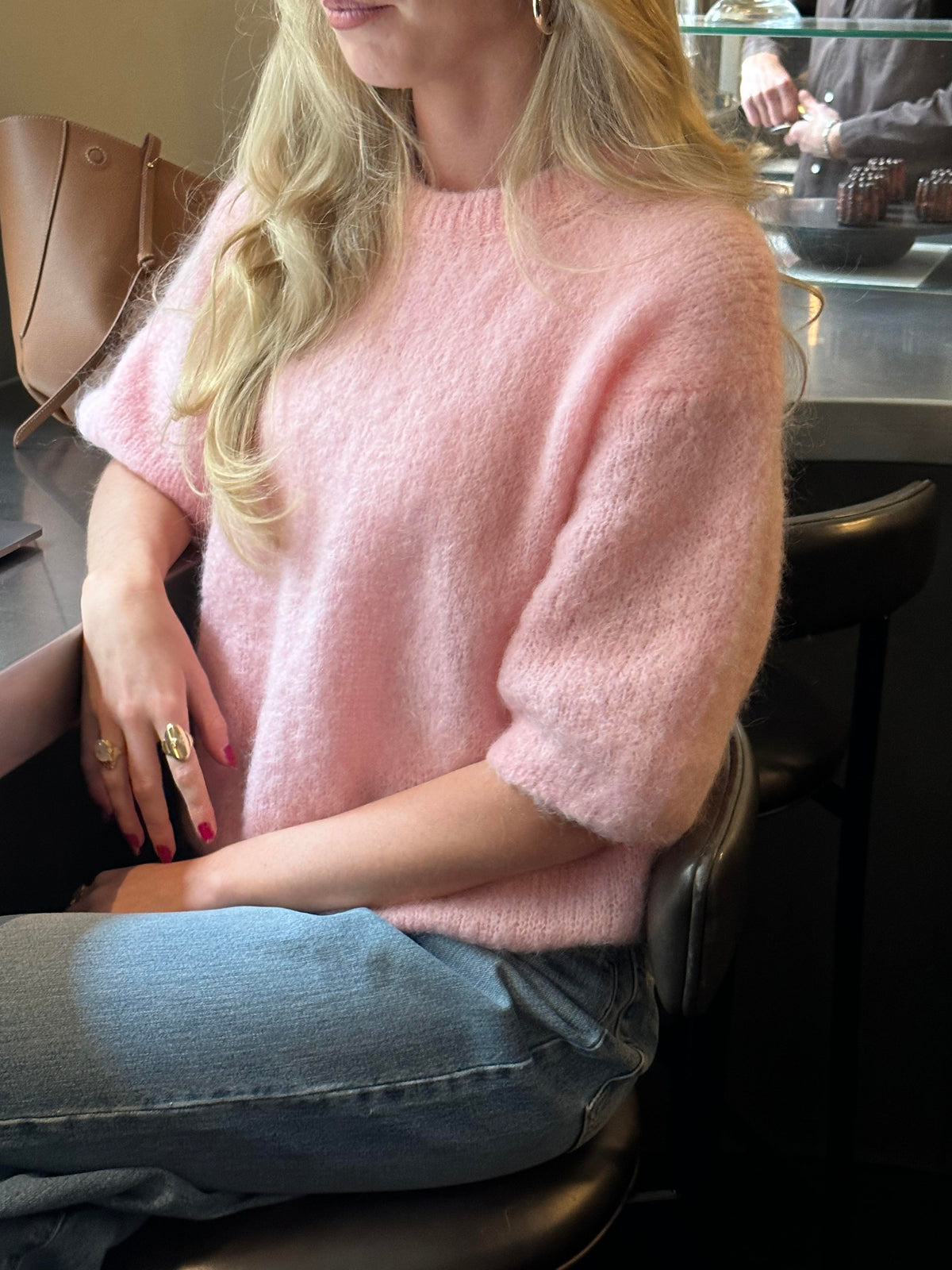 Elise Açık Pembe Moher Karışımlı Kısa Kollu Triko Üst