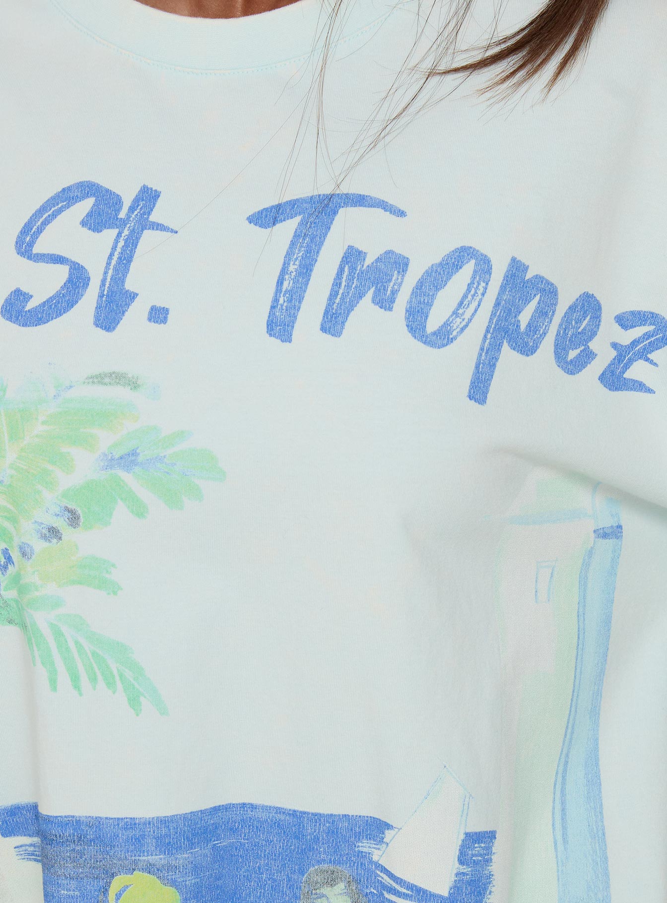 St Tropez Postcards Oversize Grafik Tişört - Yıkanmış Mavi