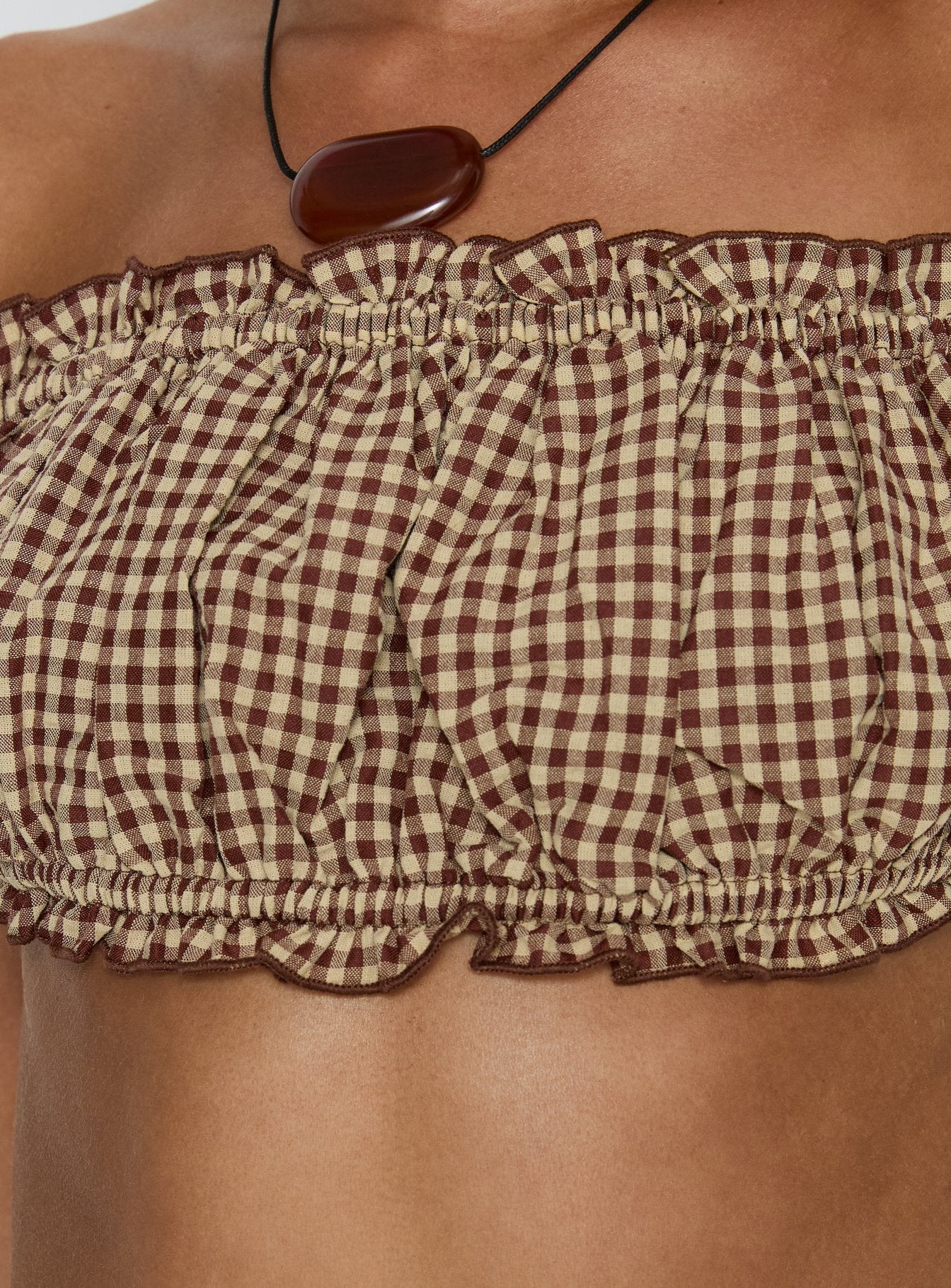 Kahverengi Gingham Straplez Bluz