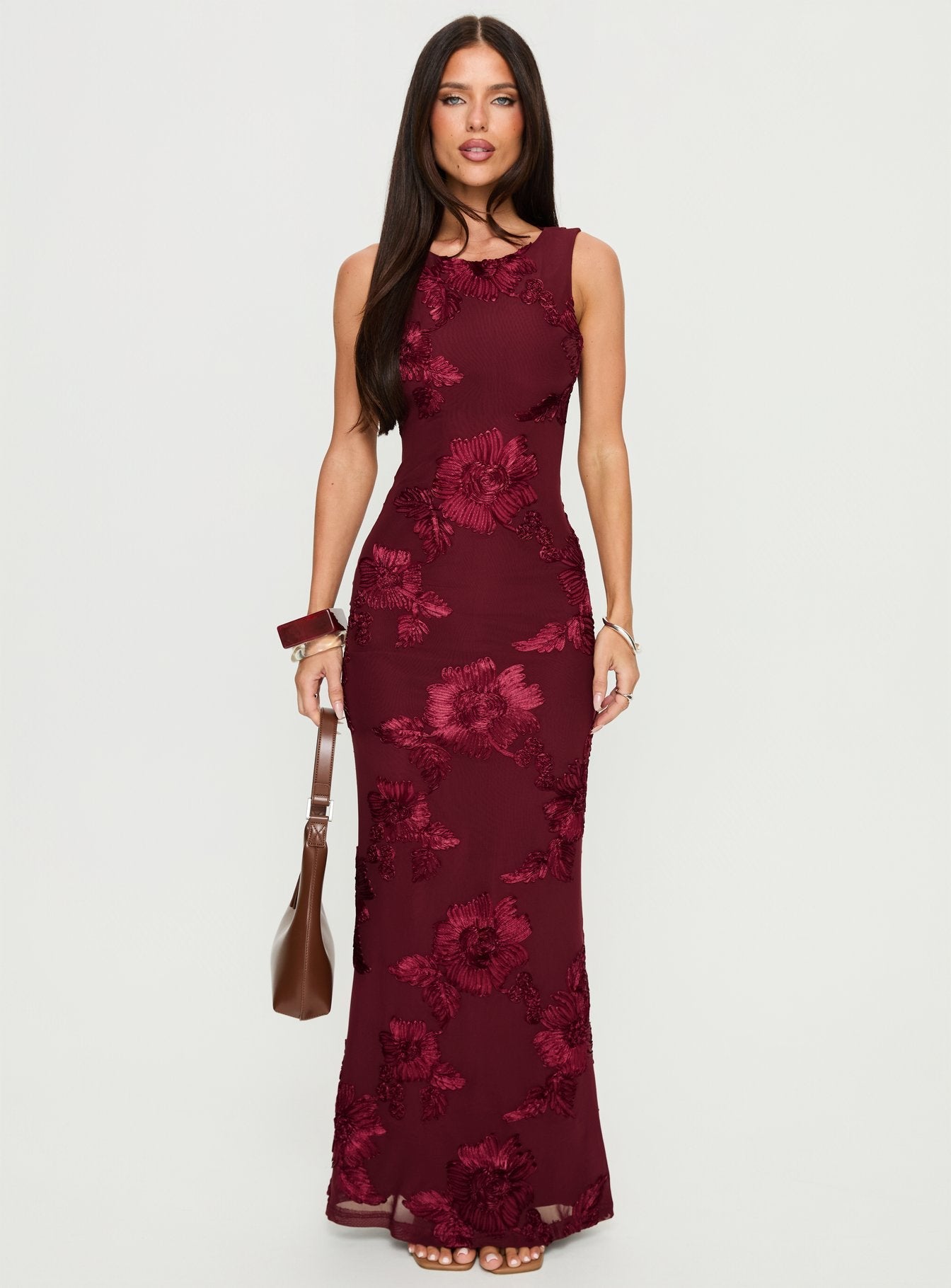 Bordo Fionna Çiçekli Maxi Elbise