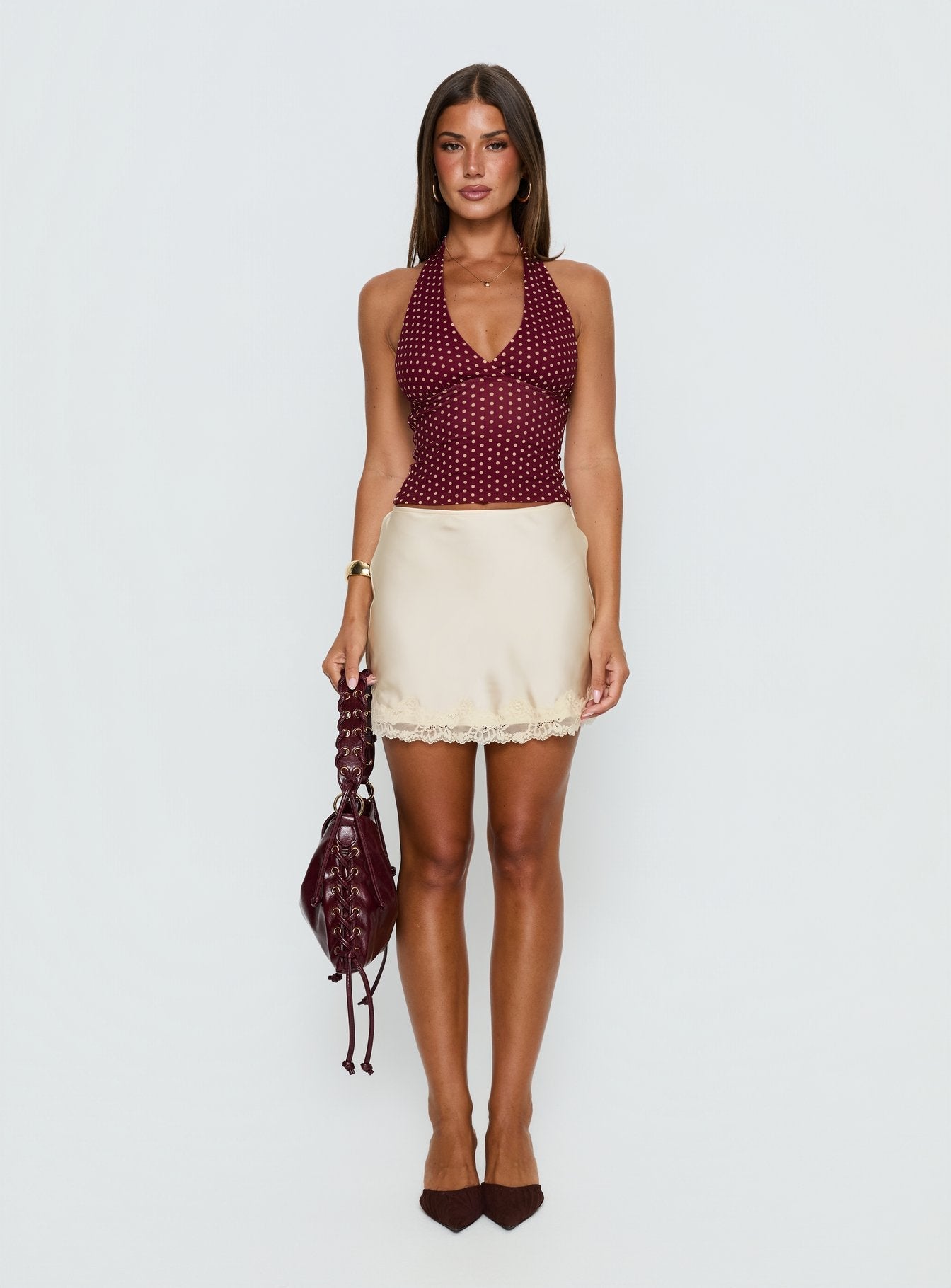 Whimsy Bordo/Limon Sarısı Puantiyeli Triko Halter Top